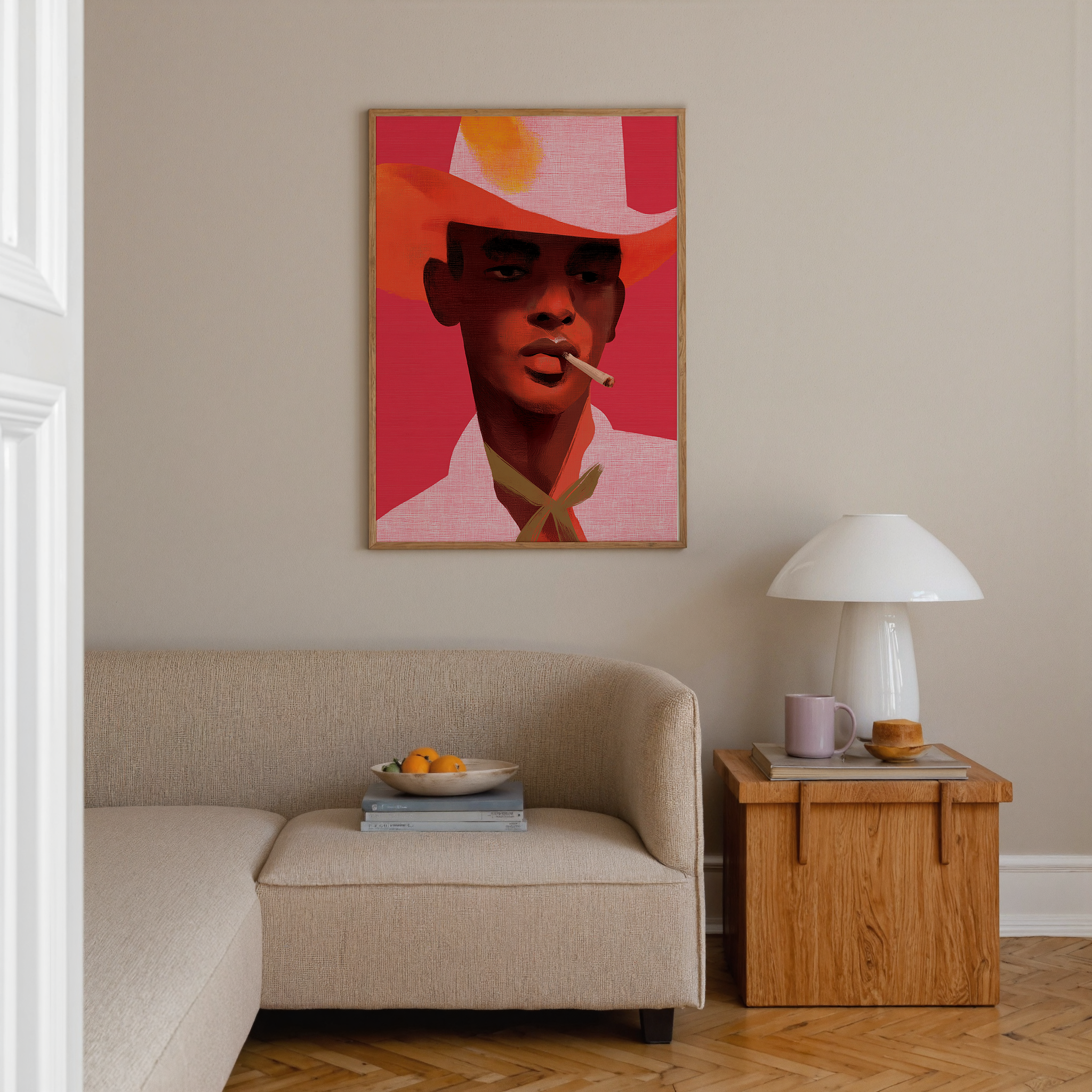 יצירה ממוסגרת Leon – דמות גברית עם כובע וסיגריה בגווני אדום וורוד, אמנות מודרנית עם נוכחות ועומק לחלל