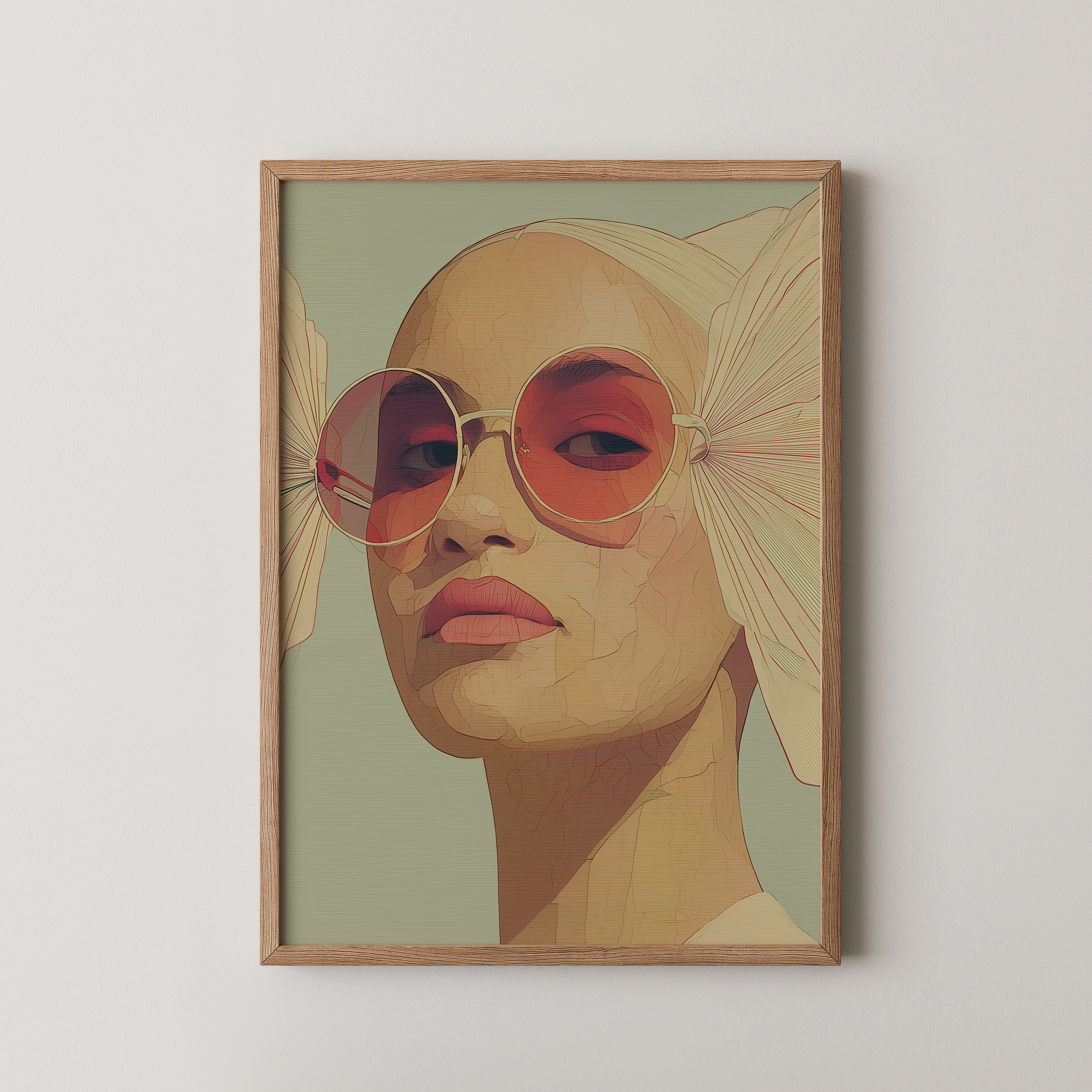 יצירת אמנות מודרנית של דמות נשית עם משקפיים ורודים, תאורה רכה וטקסטורות עדינות בגוונים חמים