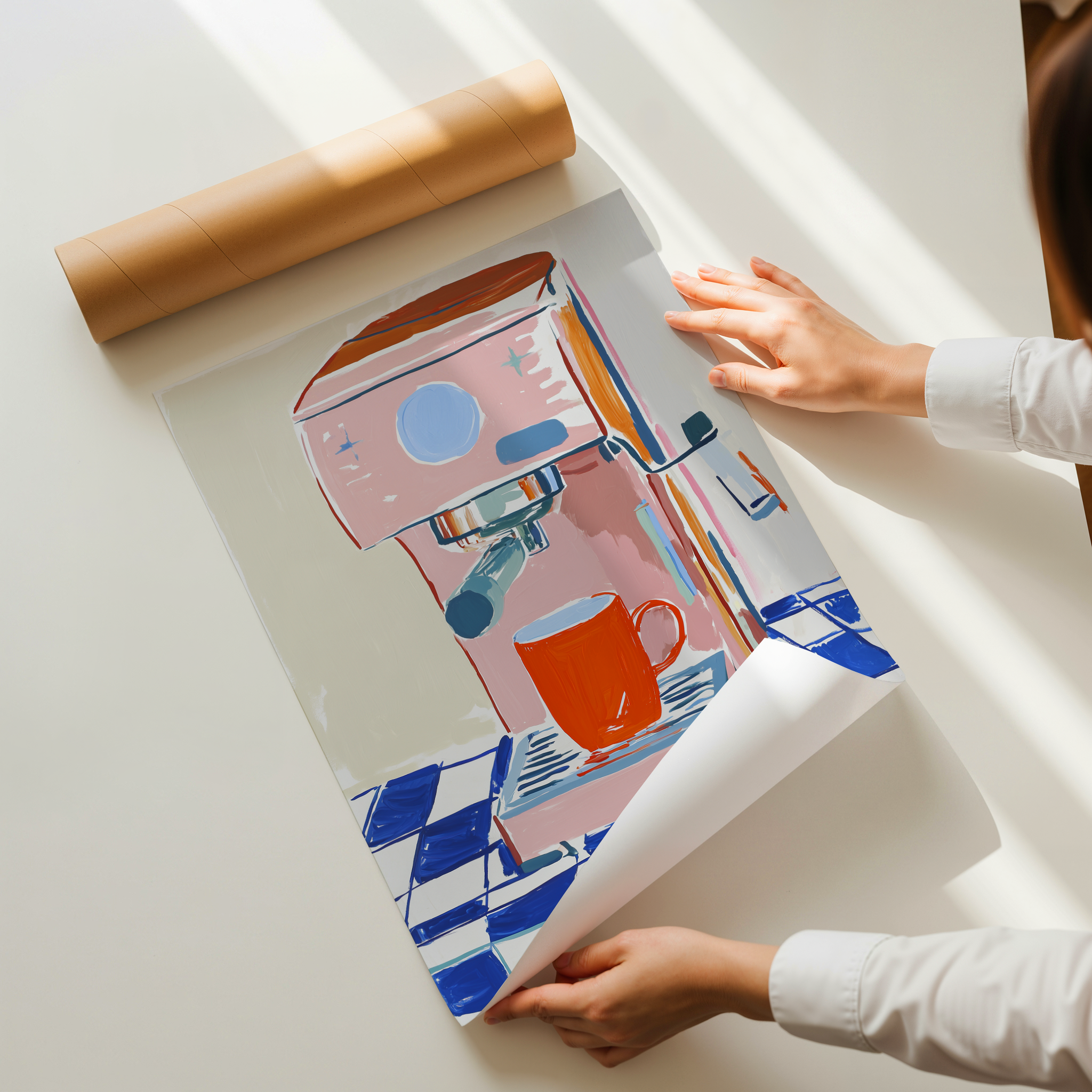 הדפס אמנותי מאויר של מכונת קפה ורודה וכוס קפה בסגנון מודרני