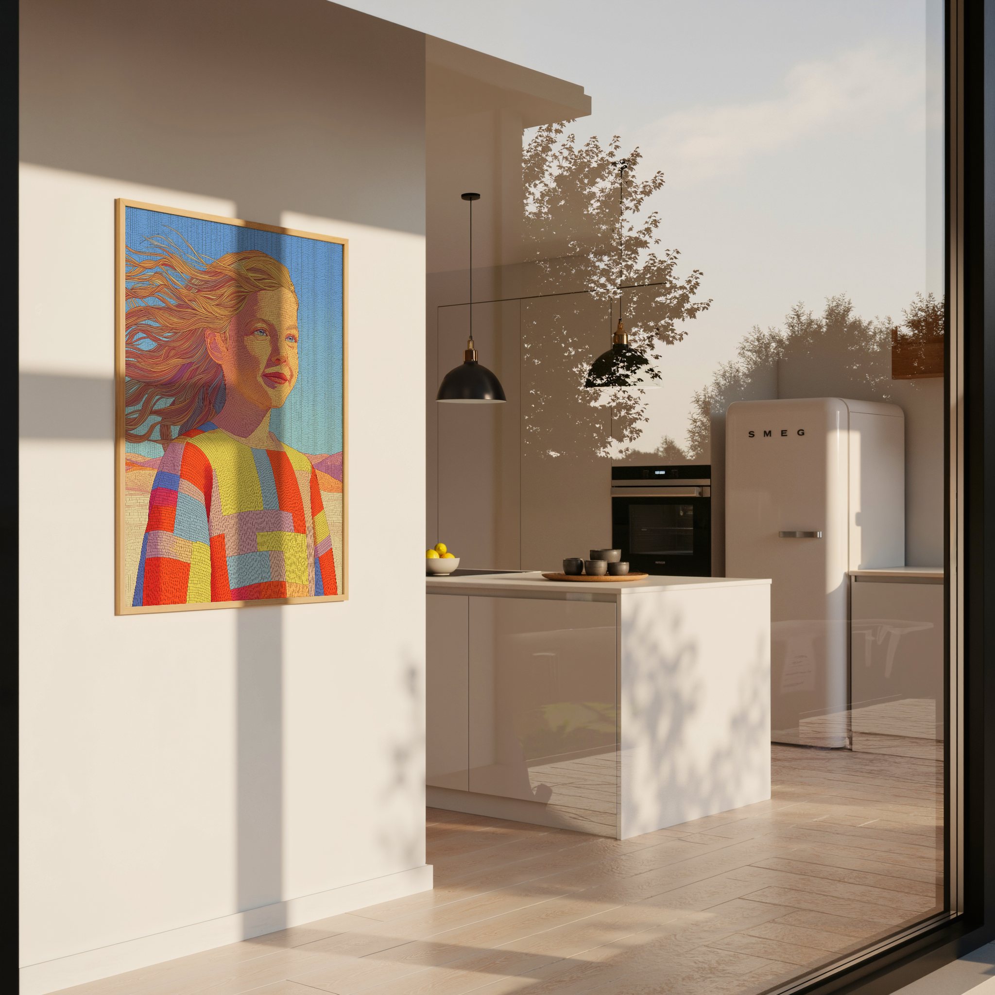 Zeya – דמות נשית בתנועה עם שיער מתעופף בפלטת צבעים חמה וסגנון פסיפס מודרני