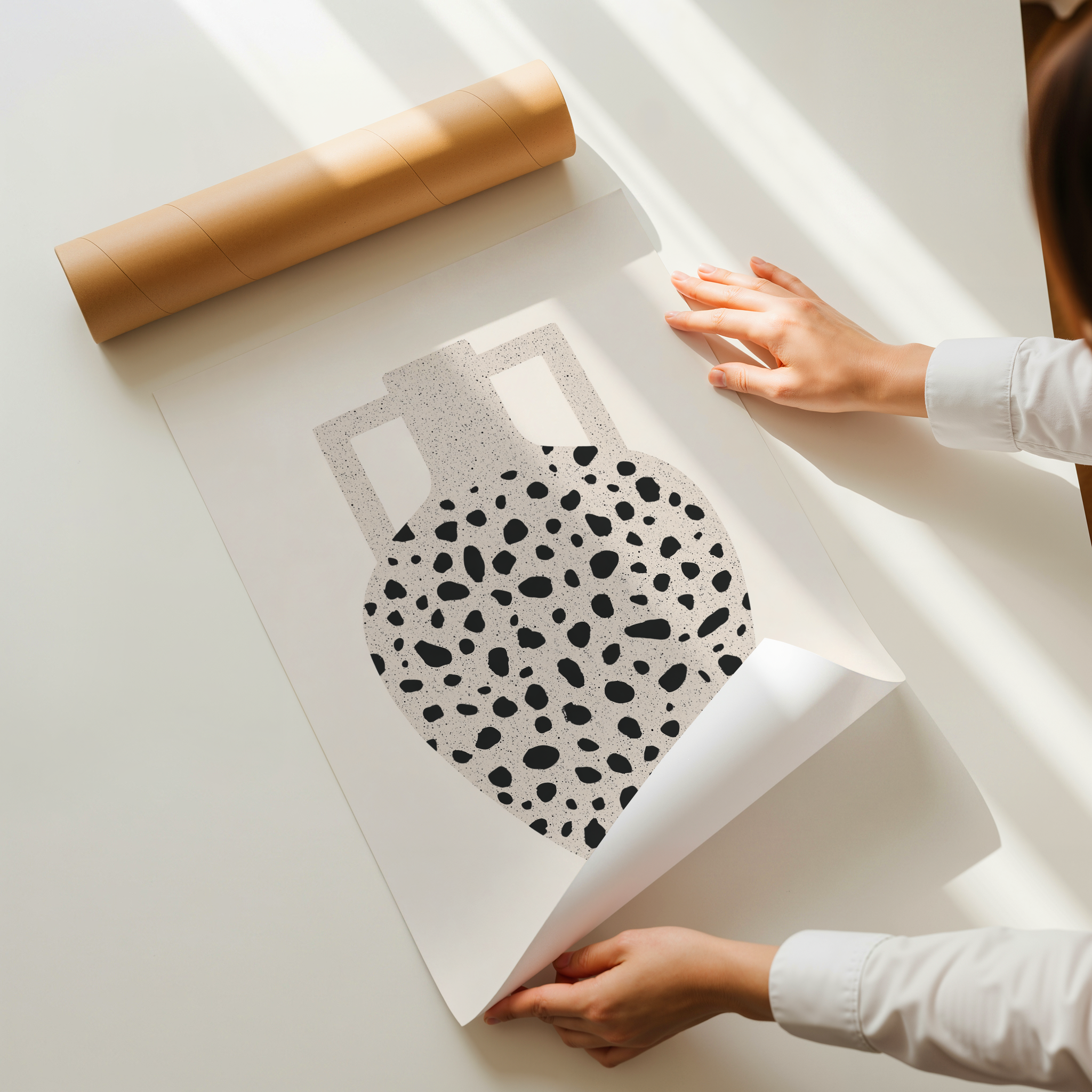 יצירה מינימליסטית בהשראת טרצו בצבעי שחור ולבן על רקע ניטרלי