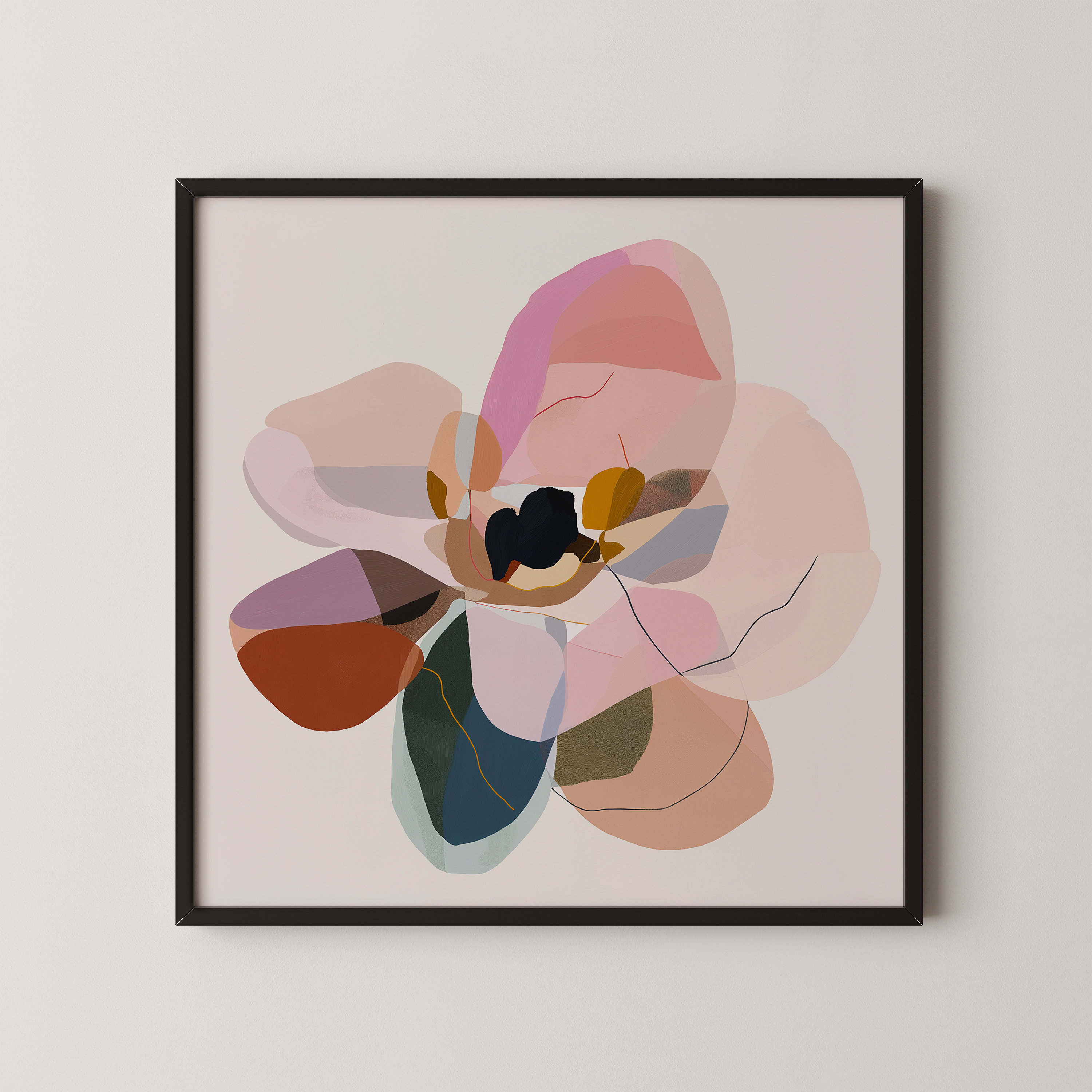 יצירה מופשטת Seren בגוונים רכים עם שכבות צבע וקווים עדינים, תלויה בחלל מודרני ומינימליסטי