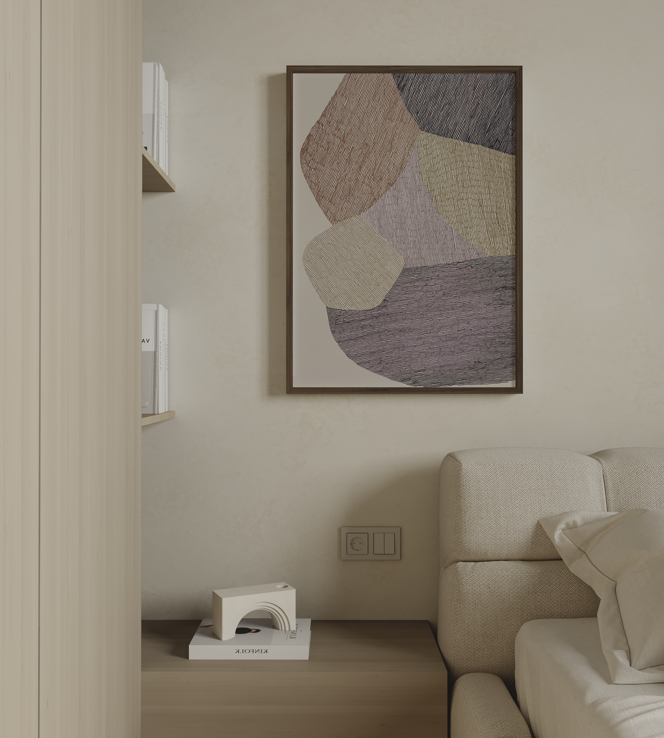 יצירת אמנות מופשטת Arden בגווני אדמה עם צורות אורגניות וטקסטורות קוויות במסגרת עץ טבעי