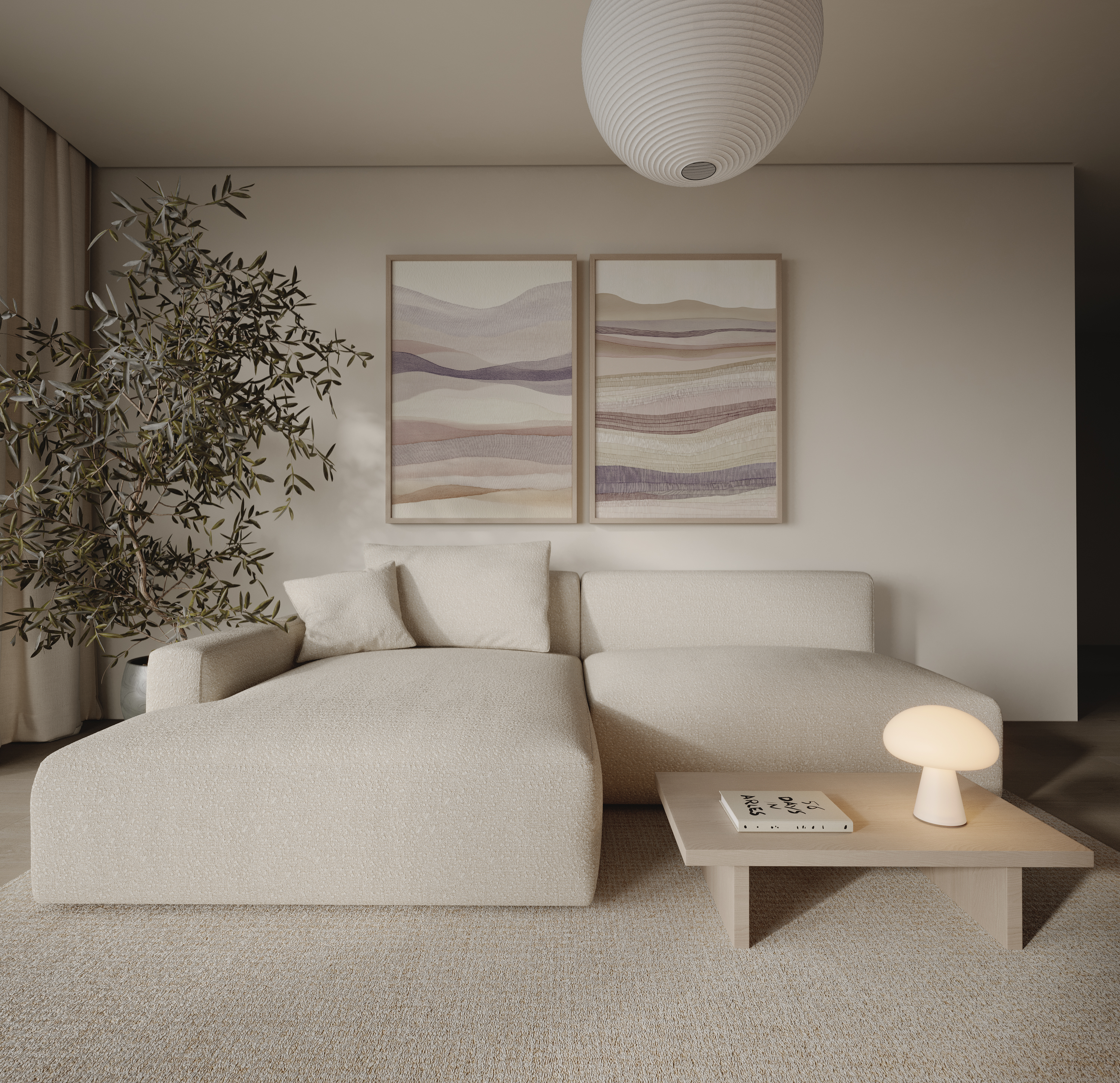 סט תמונות קיר מינימליסטיות בגוונים טבעיים עם שכבות אופקיות רכות במסגרת עץ