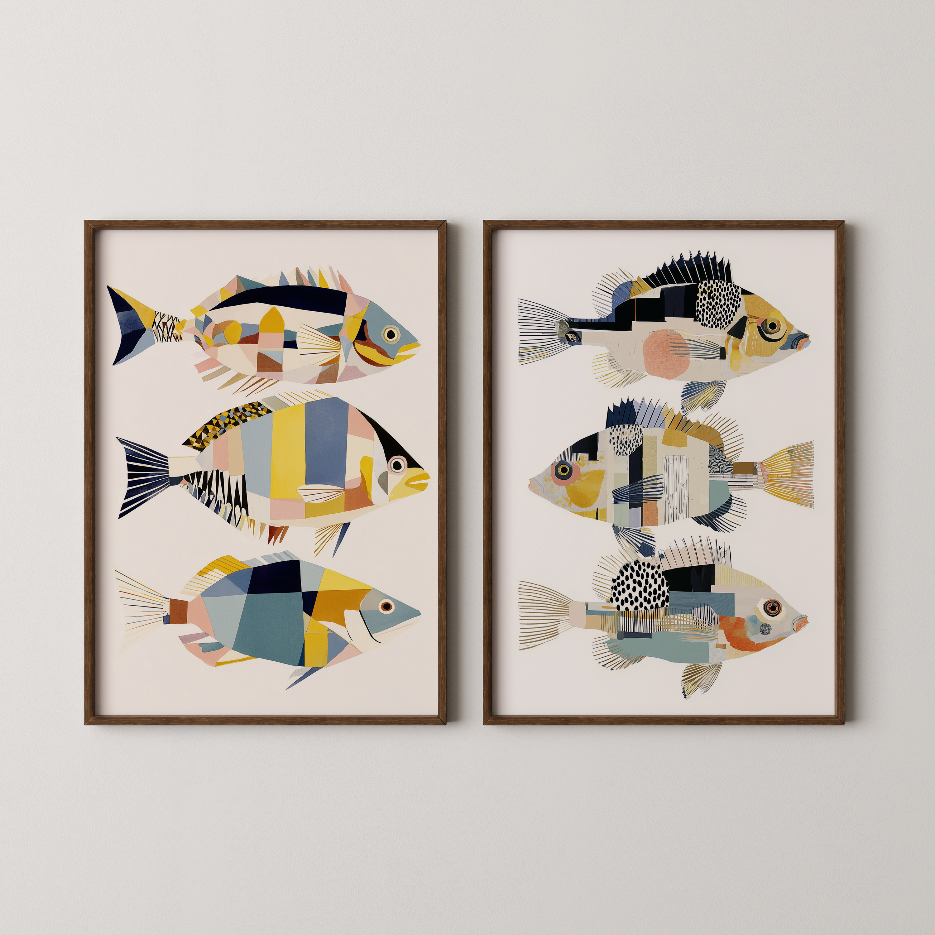 יצירה אמנותית בהשראה ימית עם דגים גאומטריים בצבעים רכים, ממוסגרת במסגרת עץ, תלויה על קיר בהיר