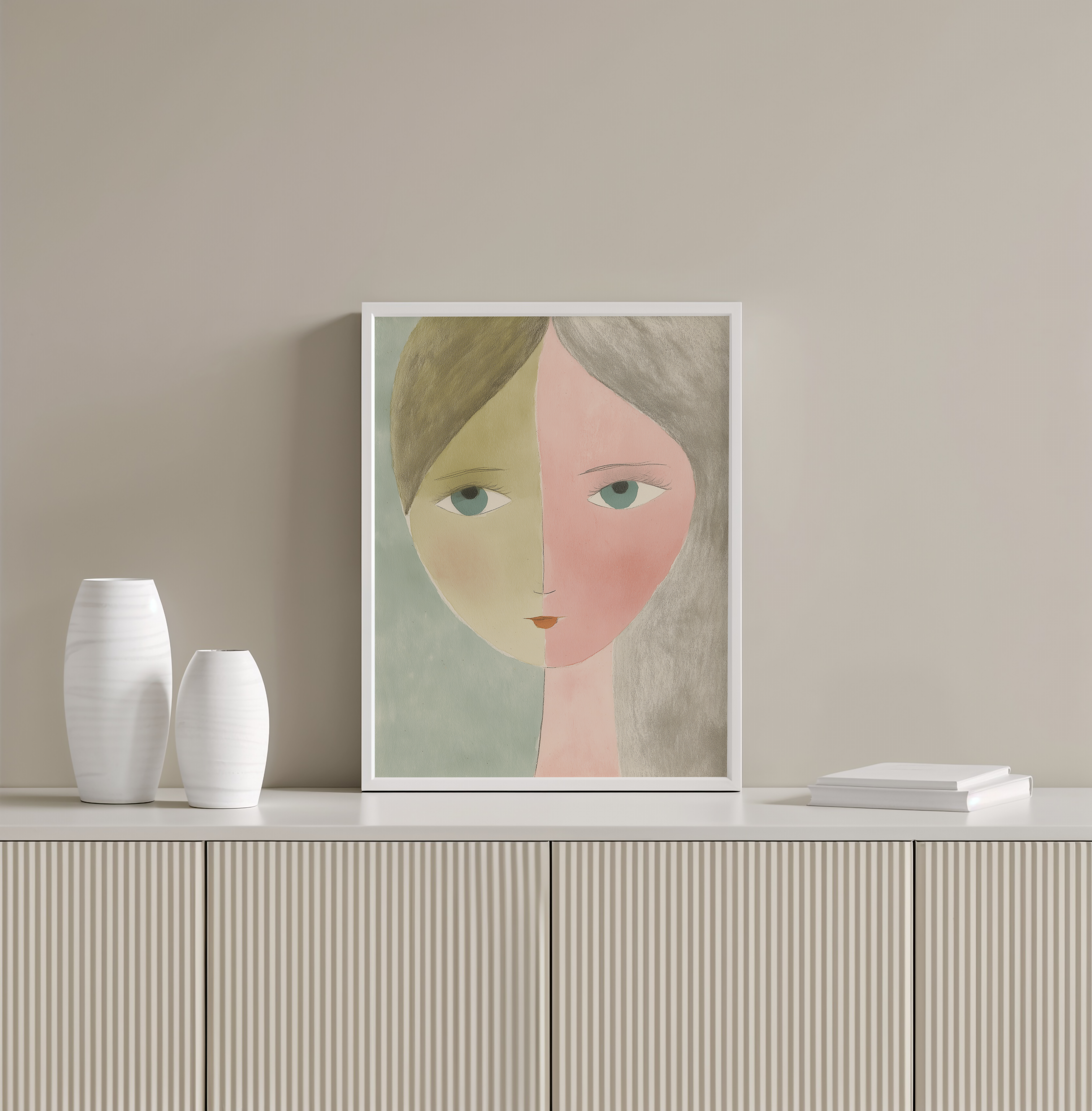 יצירת אמנות ממוסגרת Claret – דמות נשית מאוירת בקווים רכים ובפלטת צבעים רגועה, בסגנון מינימליסטי עם עומק רגשי