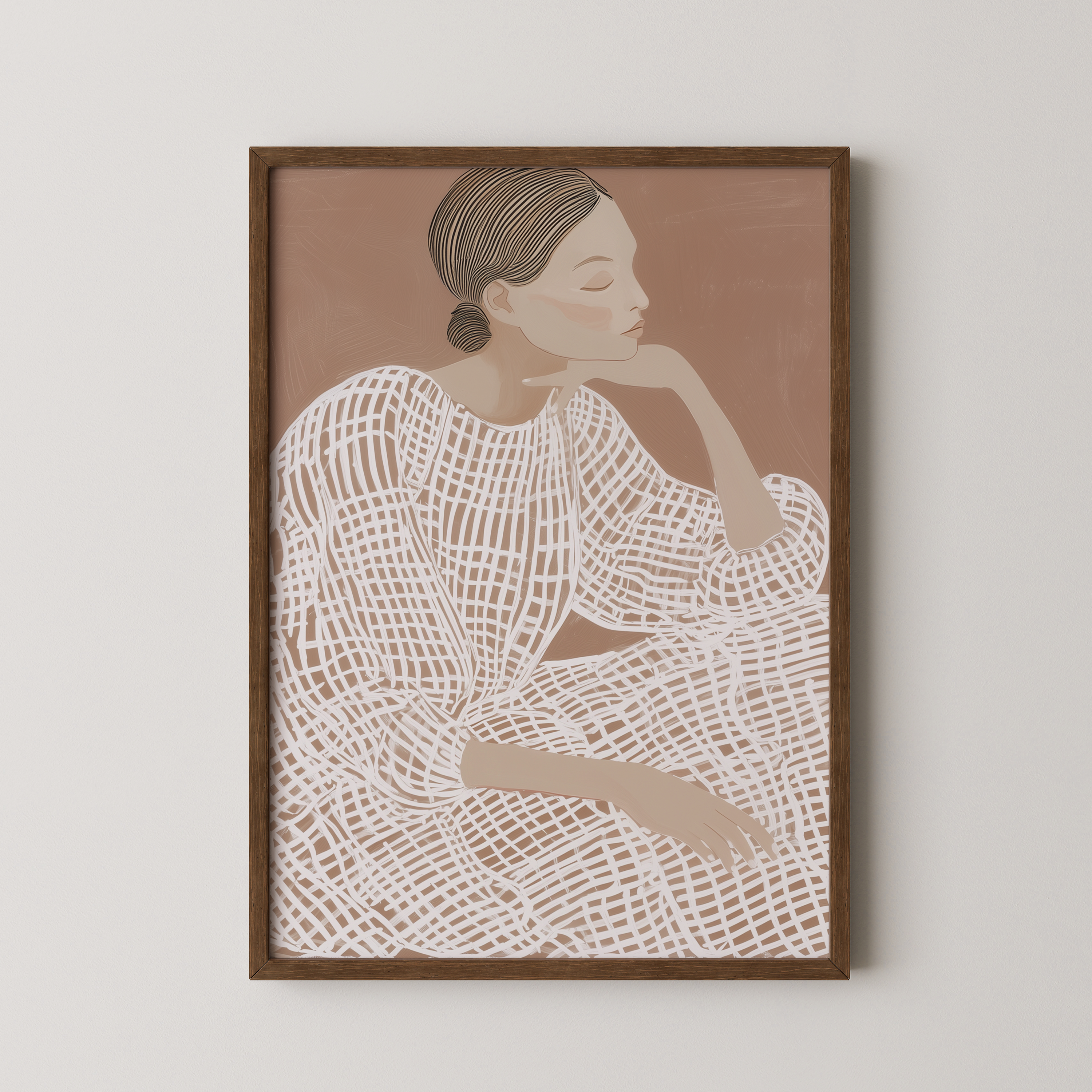יצירה ממוסגרת בסגנון מינימליסטי עם דמות נשית מופשטת בגוונים טבעיים – סט Solveig
