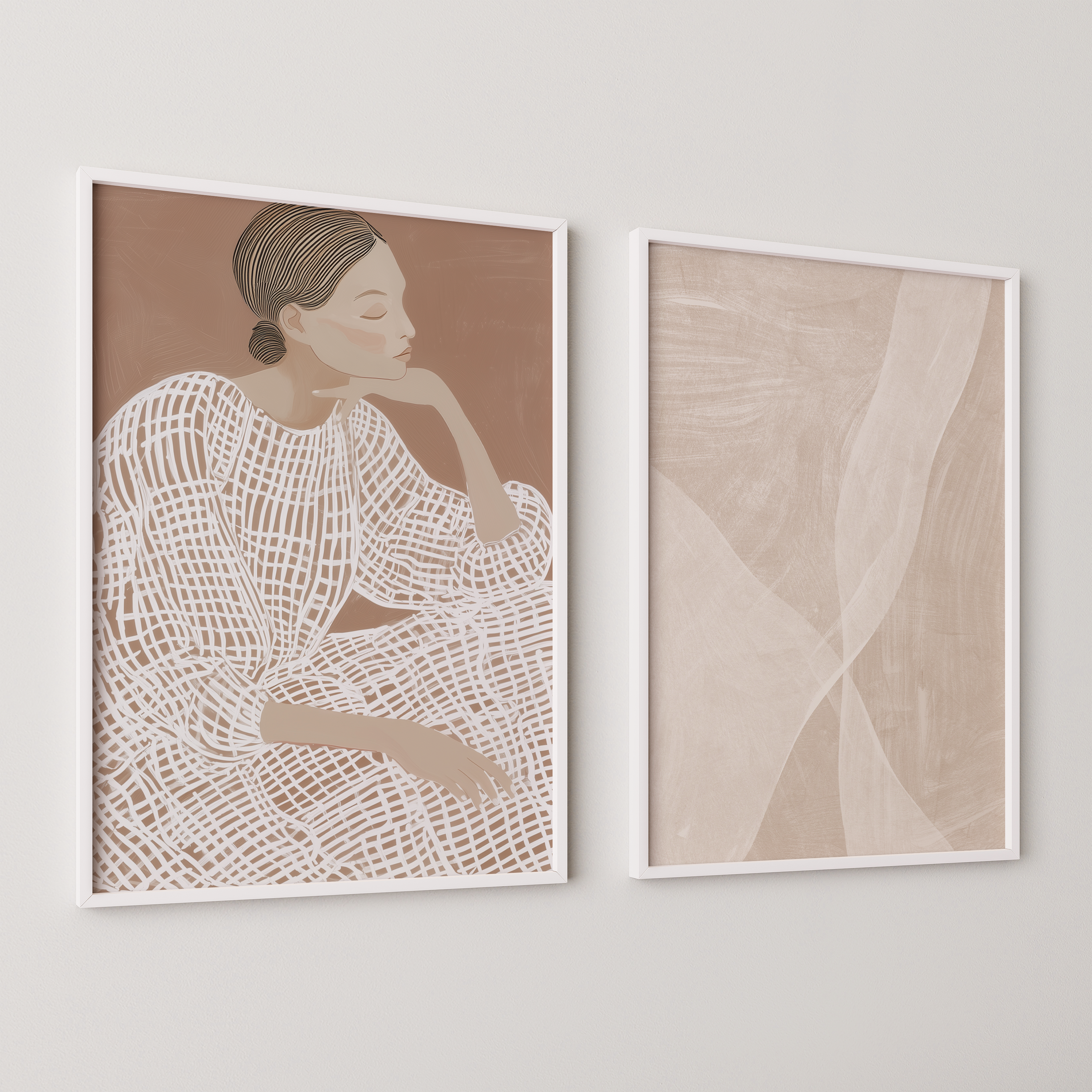 יצירה ממוסגרת בסגנון מינימליסטי עם דמות נשית מופשטת בגוונים טבעיים – סט Solveig