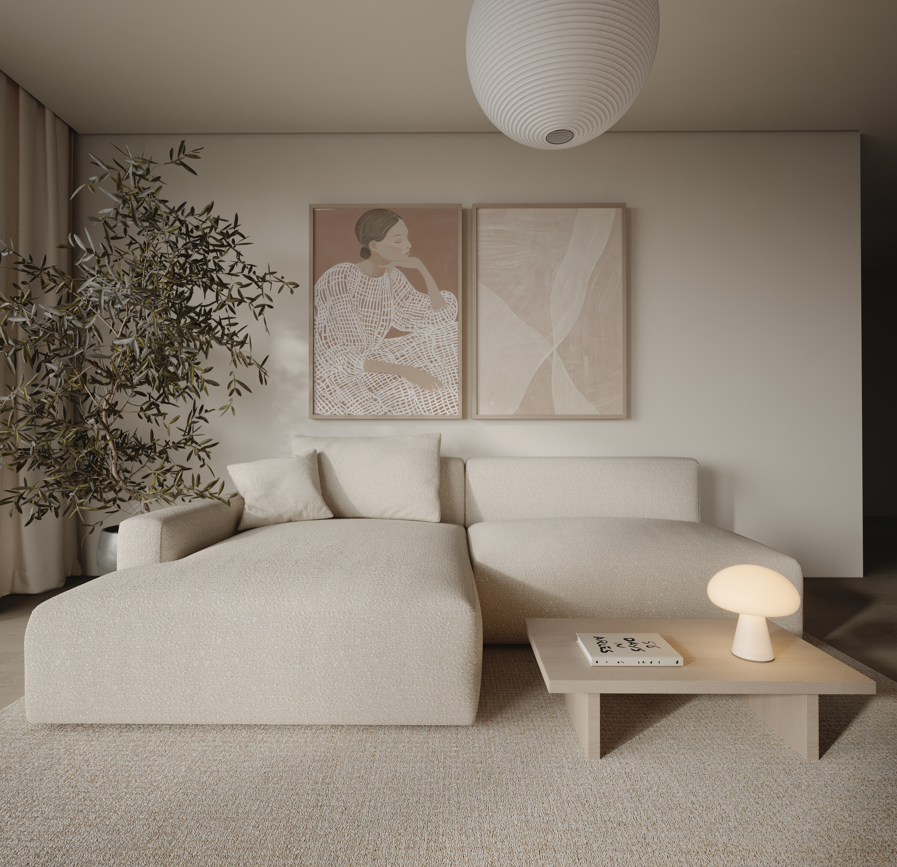 יצירה ממוסגרת בסגנון מינימליסטי עם דמות נשית מופשטת בגוונים טבעיים – סט Solveig