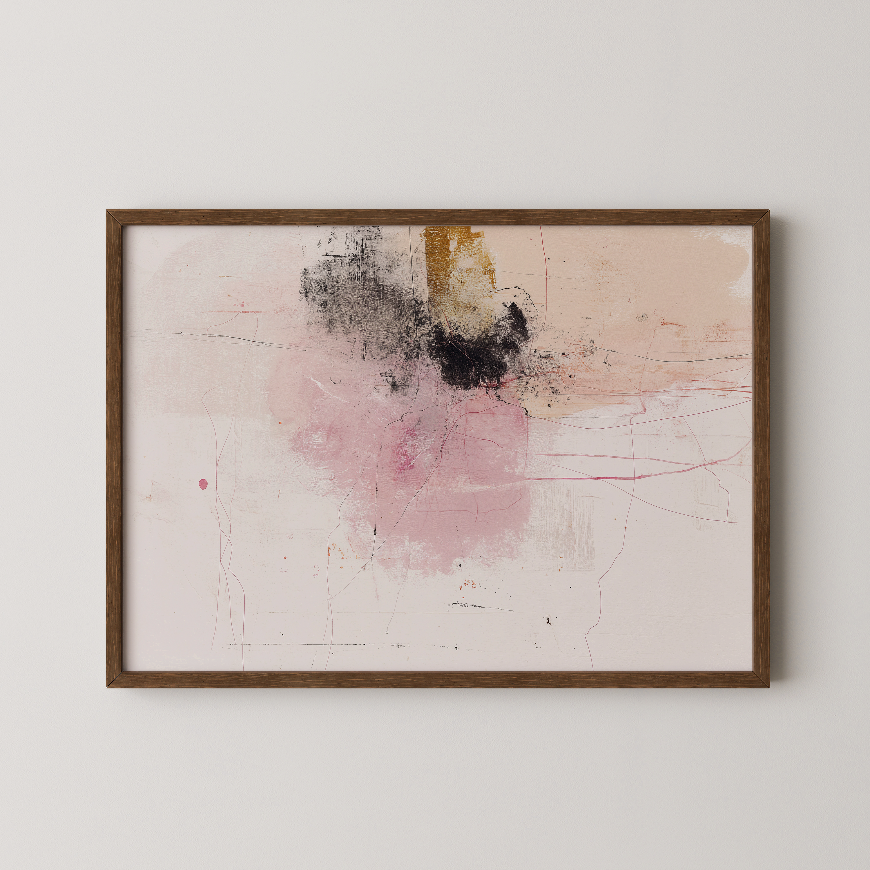יצירת אמנות מופשטת Avennia בגווני ורוד, ניוד וזהב במסגרת עץ טבעית.