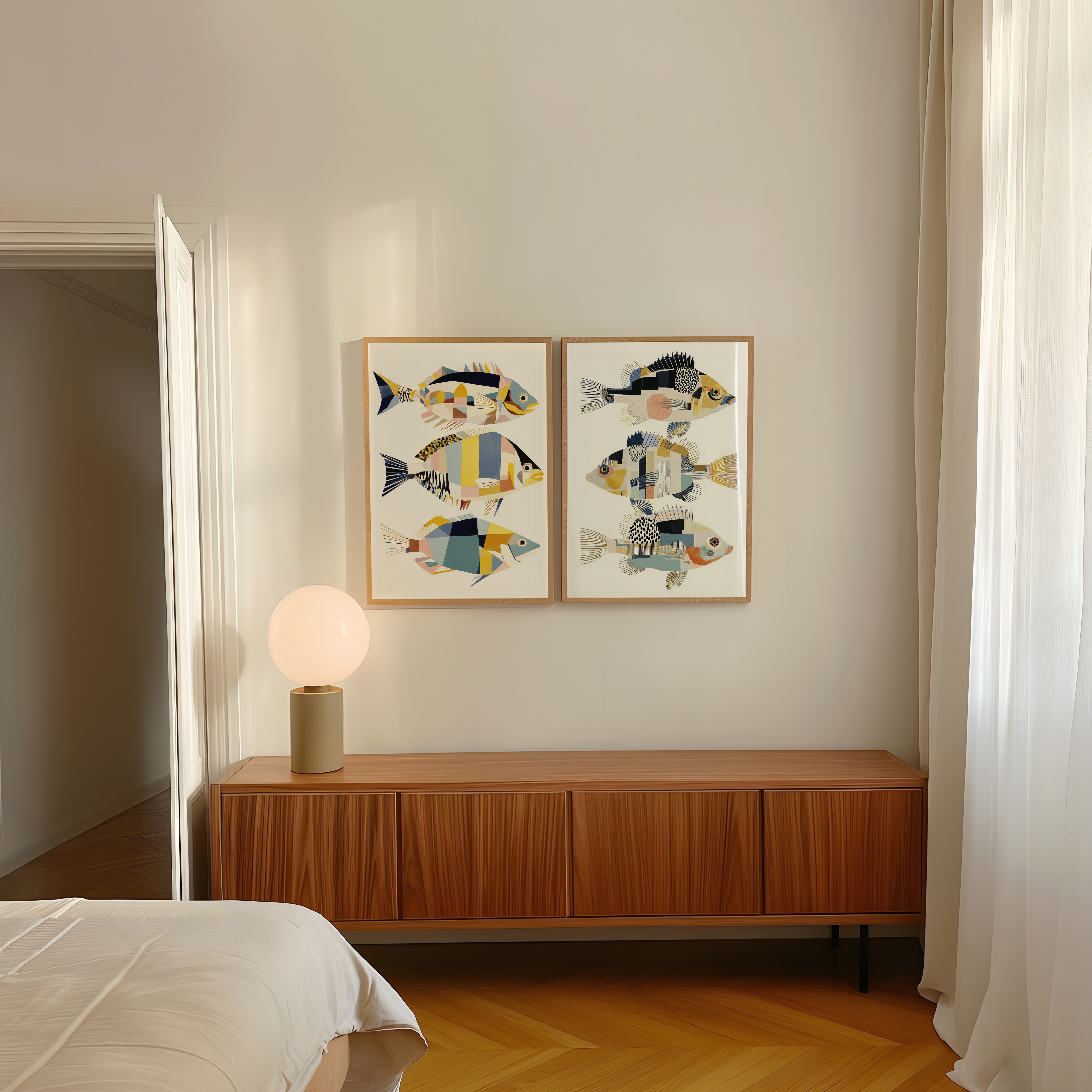 יצירה אמנותית בהשראה ימית עם דגים גאומטריים בצבעים רכים, ממוסגרת במסגרת עץ, תלויה על קיר בהיר