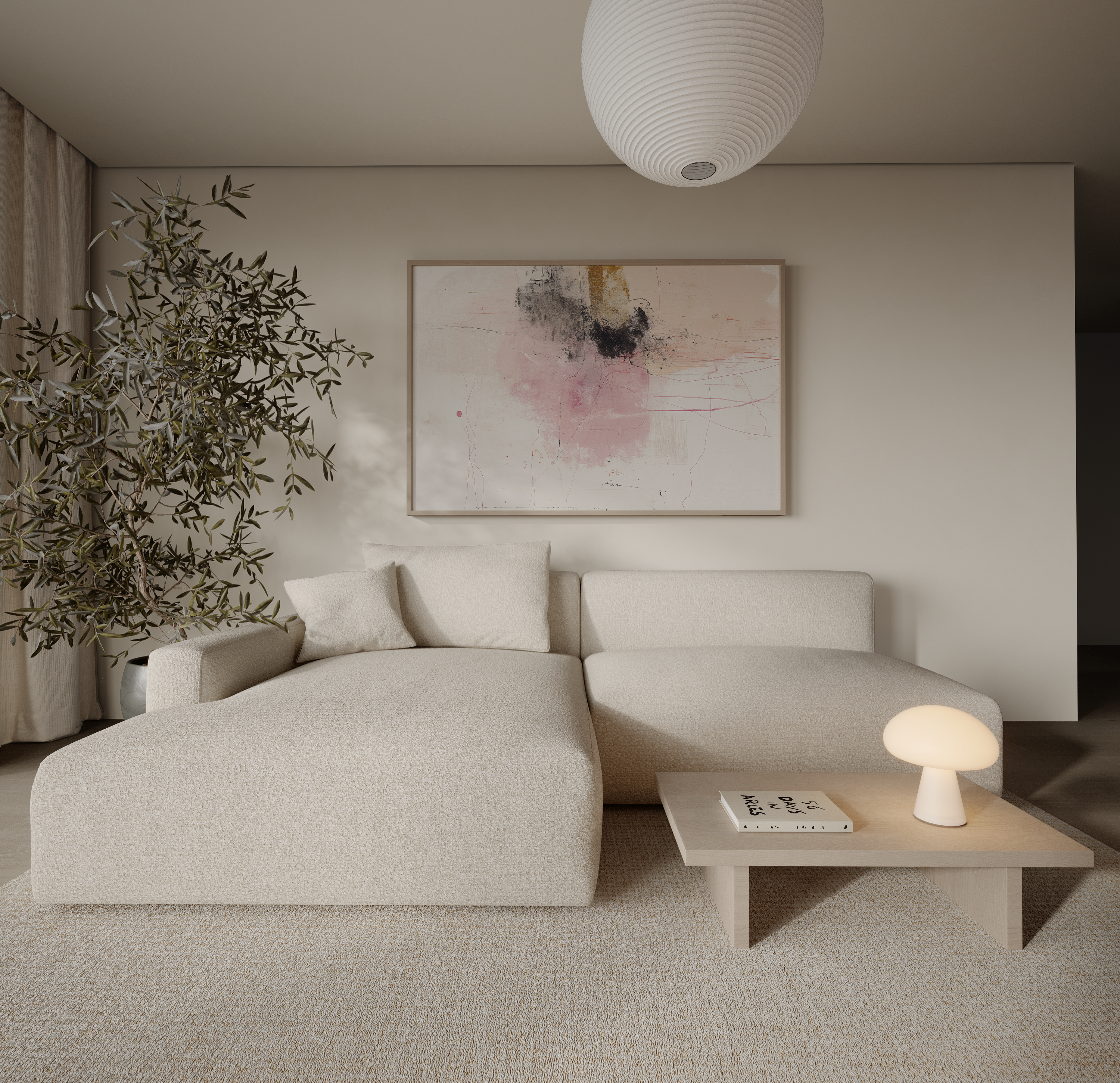 יצירת אמנות מופשטת Avennia בגווני ורוד, ניוד וזהב במסגרת עץ טבעית.