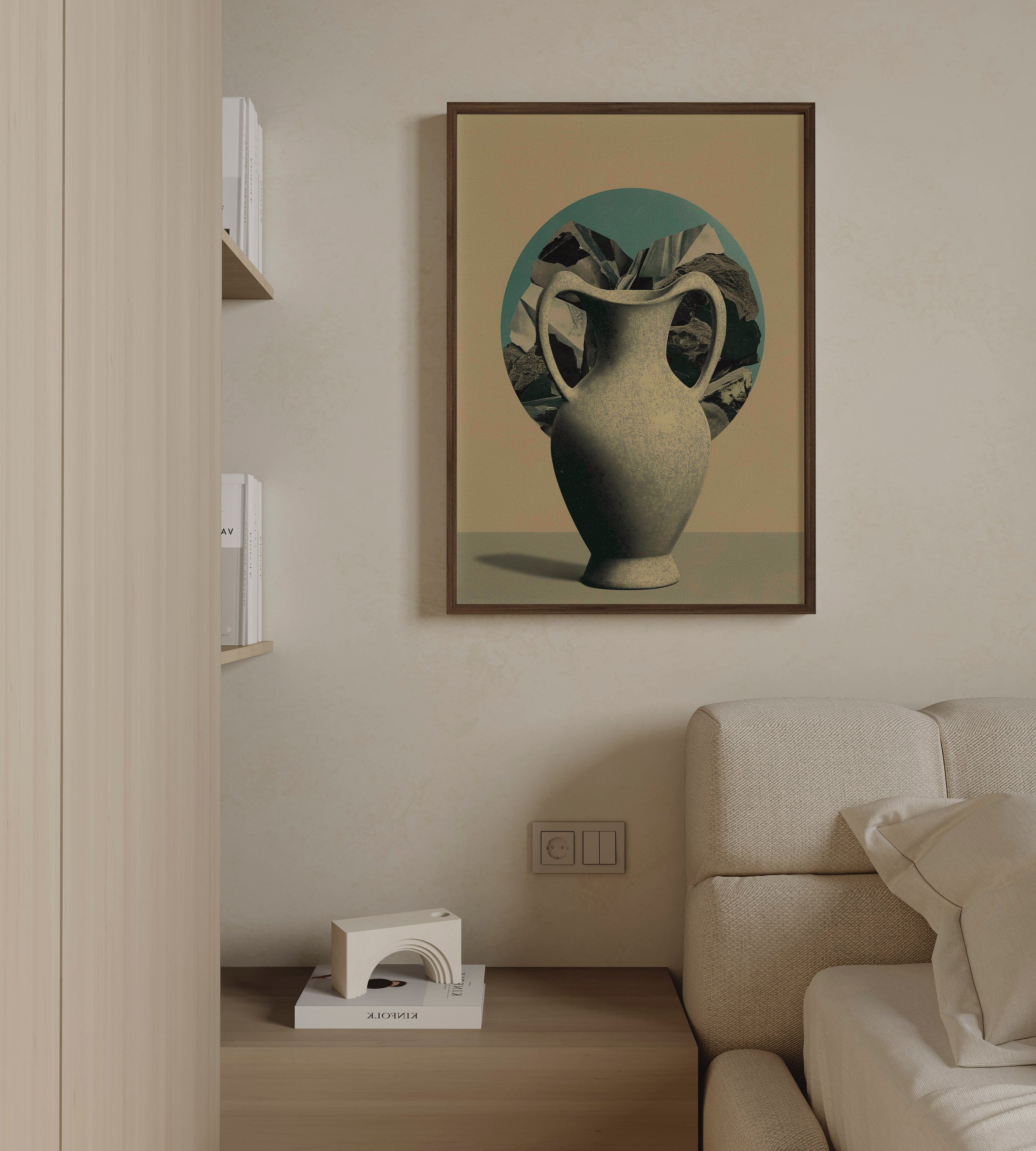 OBJECT NO. 01 - הדפס קולאז' של כד חרסינה עם שברי סלע על רקע מדליון טורקיז, מאת דניאל ברלוט