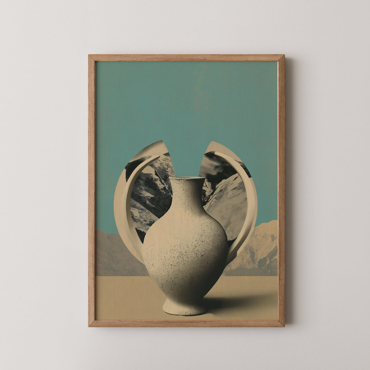 OBJECT NO. 02 - הדפס כד חרס שבור עם נוף הרים על רקע טורקיז, מאת דניאל ברלוט