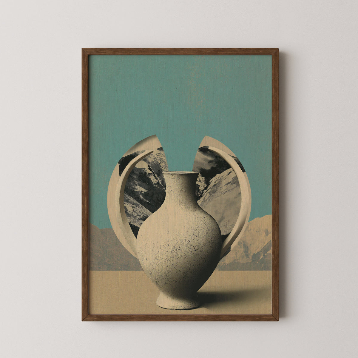 OBJECT NO. 02 - הדפס כד חרס שבור עם נוף הרים על רקע טורקיז, מאת דניאל ברלוט