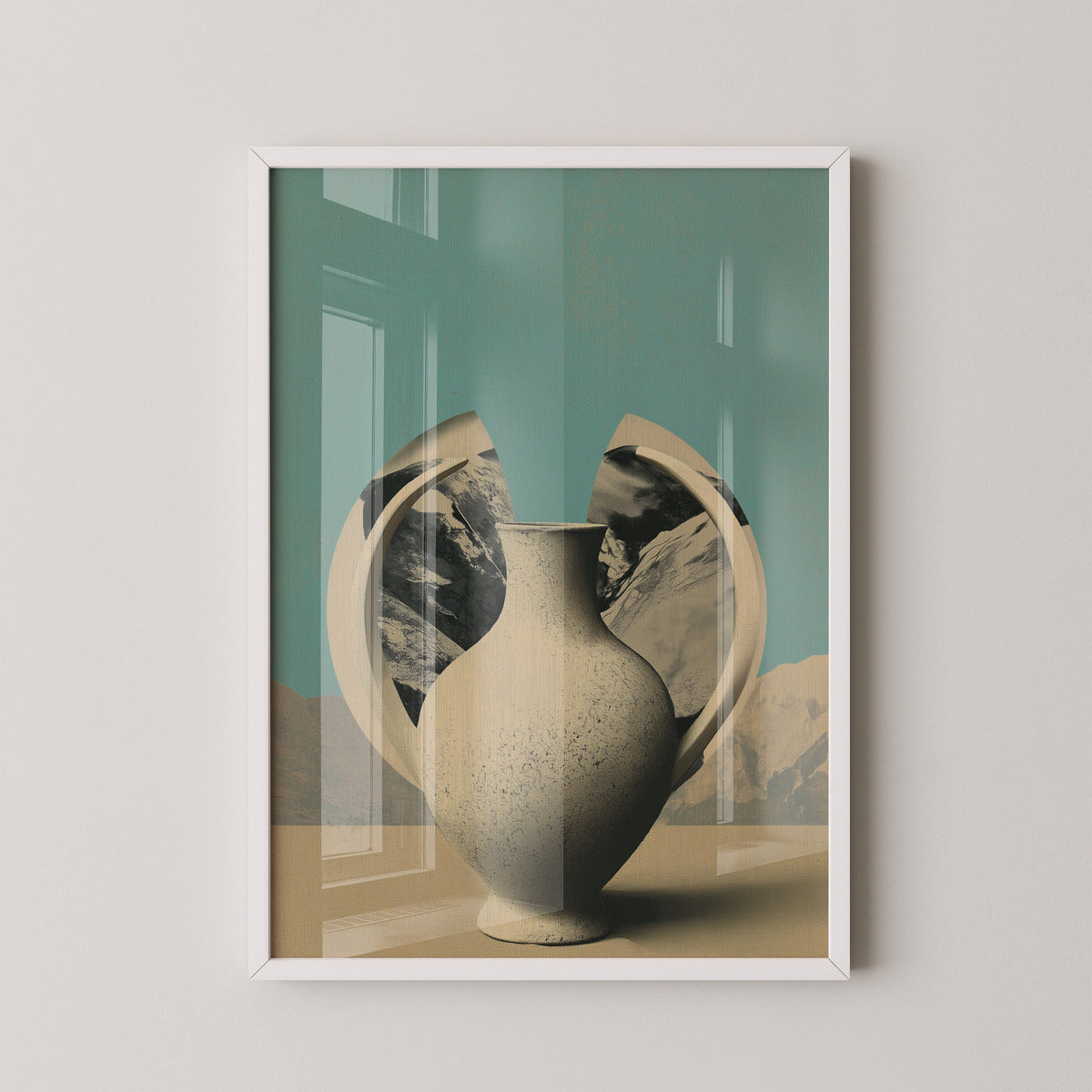 OBJECT NO. 02 - הדפס כד חרס שבור עם נוף הרים על רקע טורקיז, מאת דניאל ברלוט