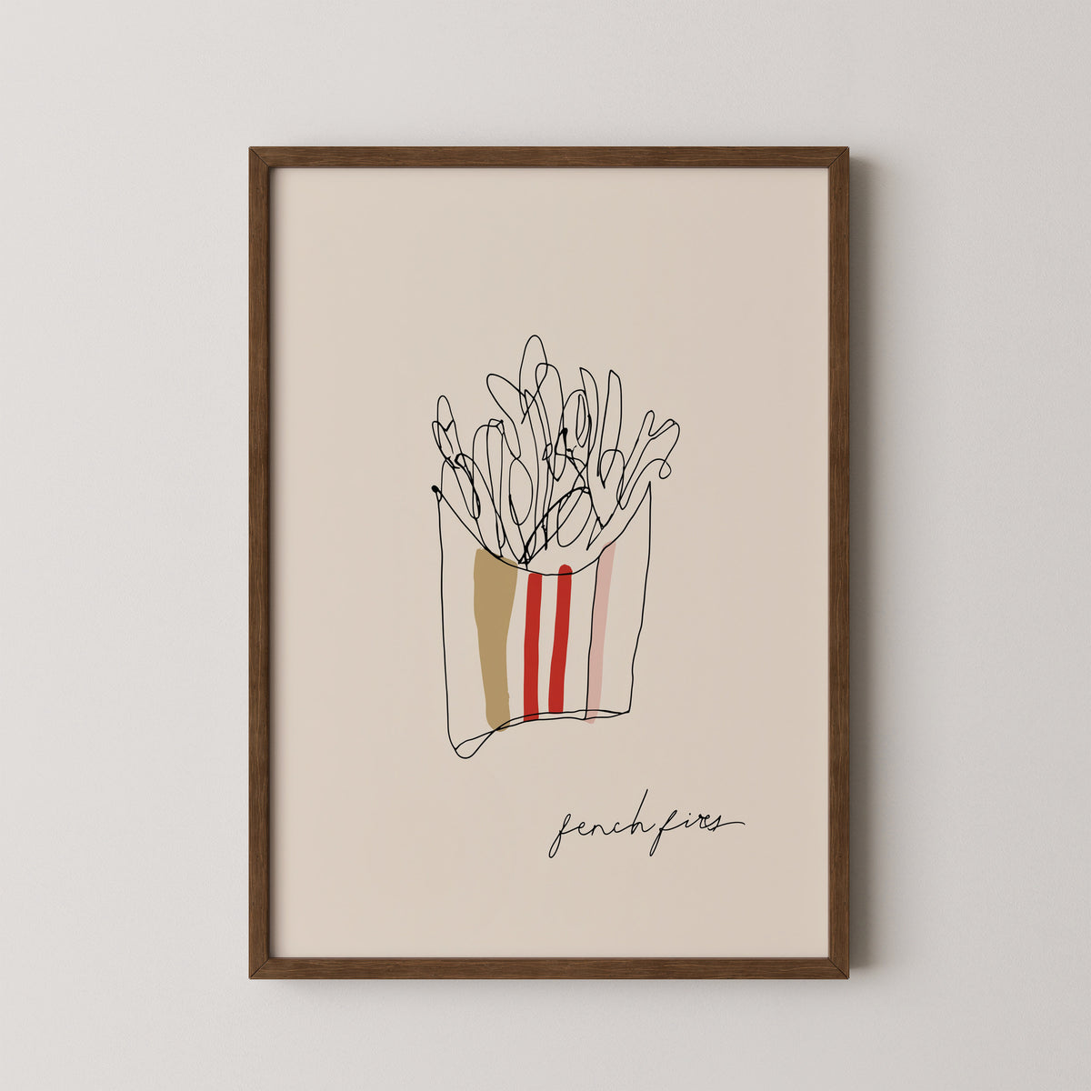 FRY DAY - הדפס ליין ארט של שקית צ'יפס בגווני חאקי ואדום, מסגרת עץ
