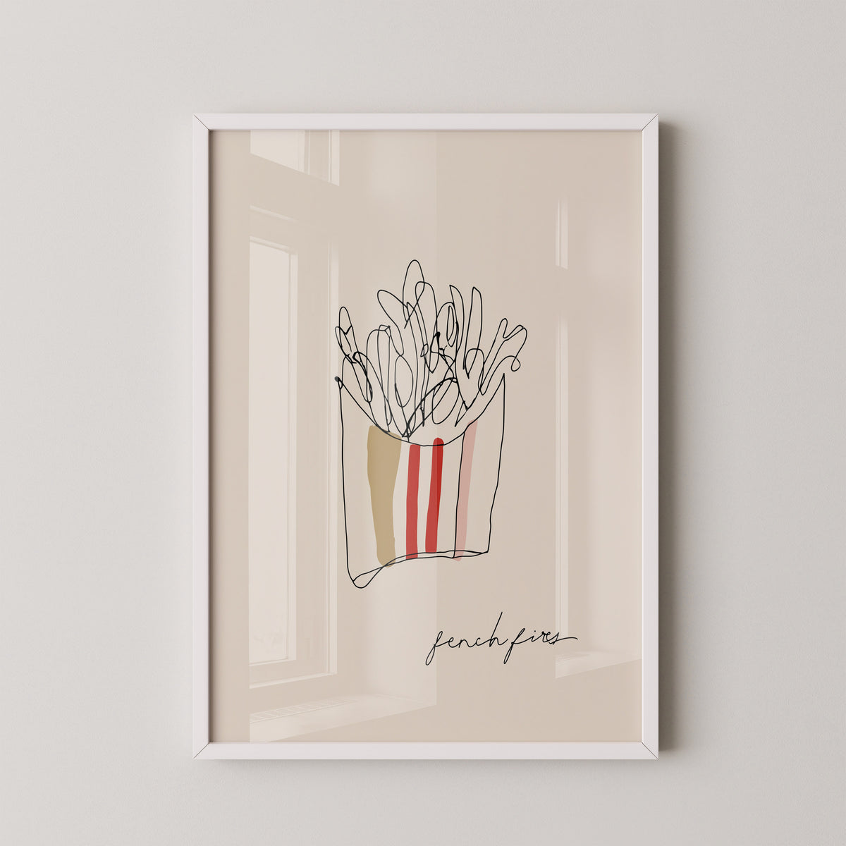 FRY DAY - הדפס ליין ארט של שקית צ'יפס בגווני חאקי ואדום, מסגרת עץ
