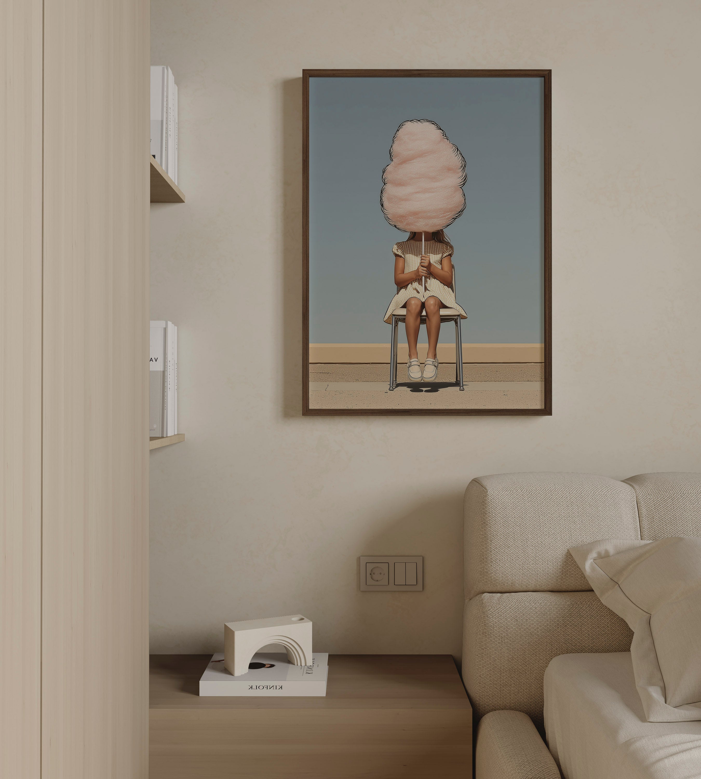 Rosie Cloud by Danielle Berlot – fine art photograph of girl holding pink cotton candy in oak frame