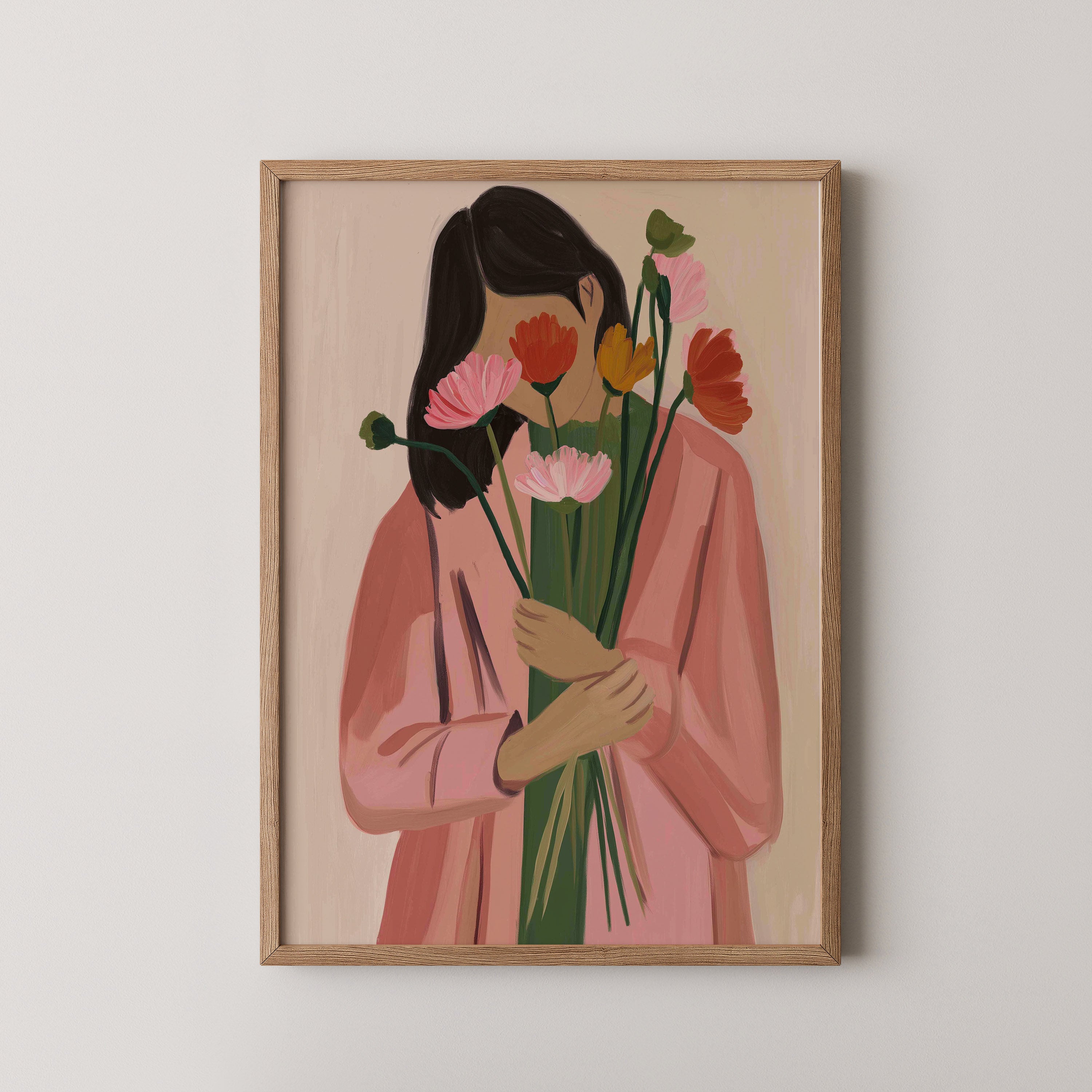 FIORE – יצירה של דניאל ברלוט, דמות נשית עם זר פרחים בגווני ורוד, קורל וירוק