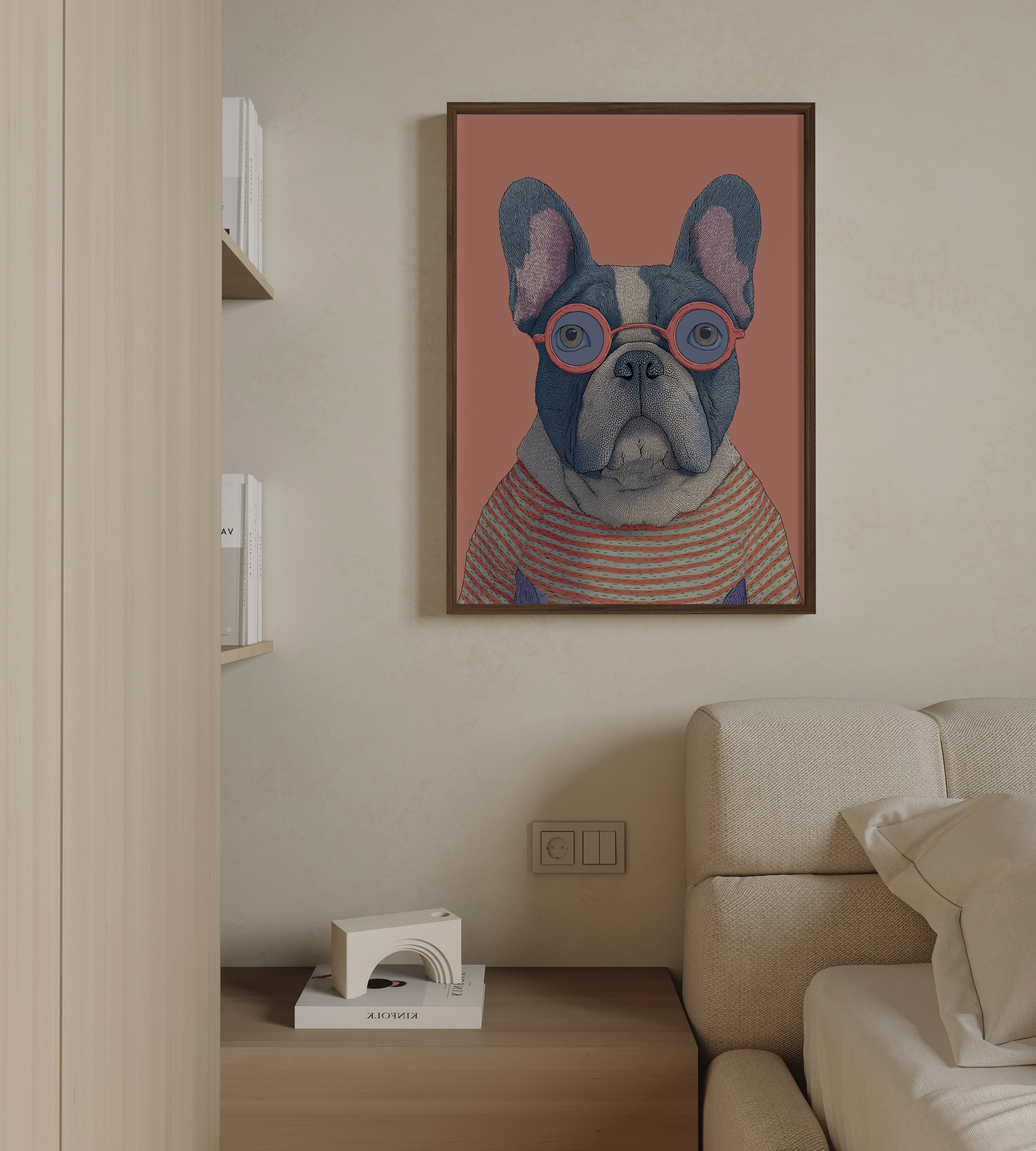 Teddy by Danielle Berlot – colorful dog illustration with round glasses in oak frame