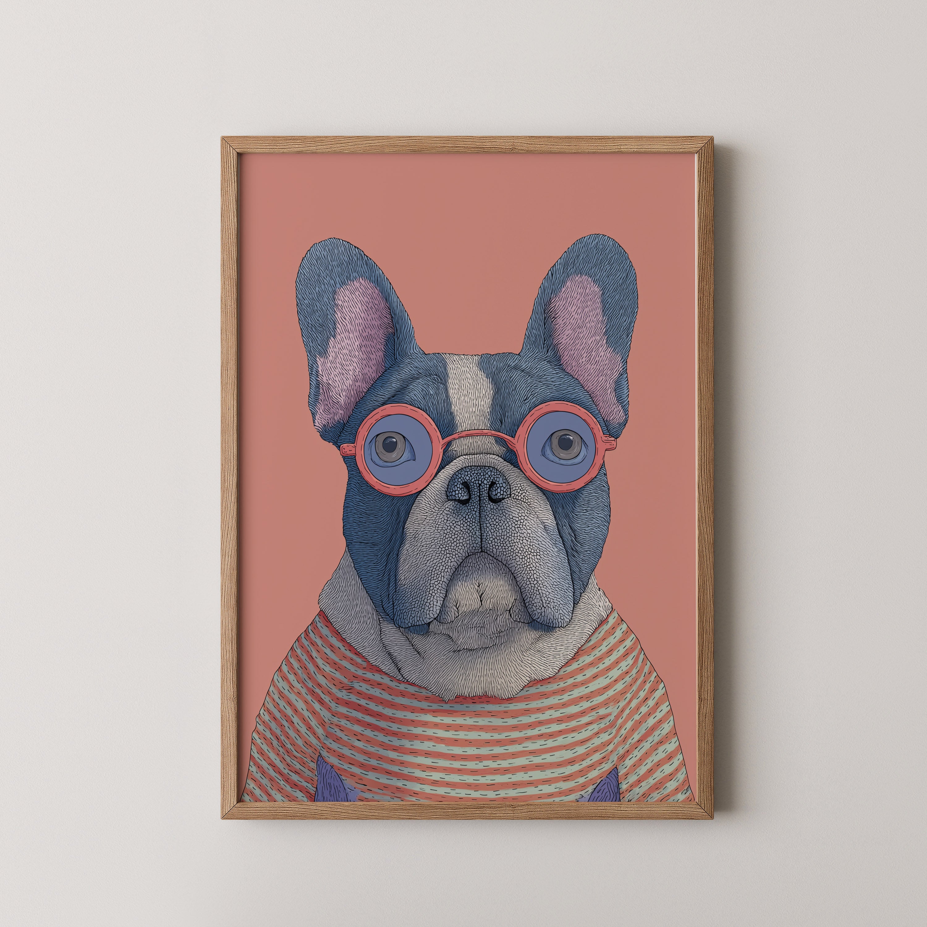 Teddy by Danielle Berlot – colorful dog illustration with round glasses in oak frame