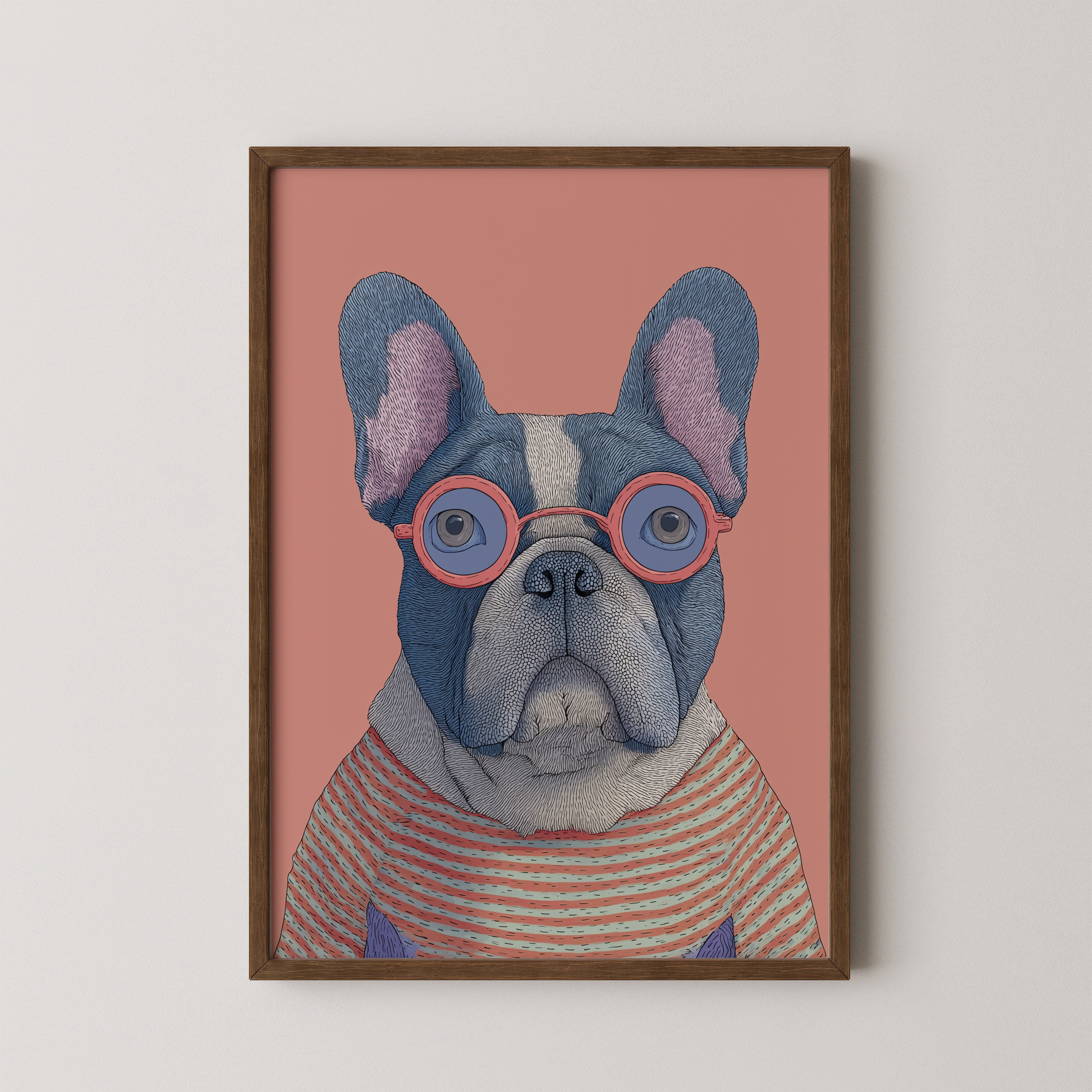 Teddy by Danielle Berlot – colorful dog illustration with round glasses in oak frame