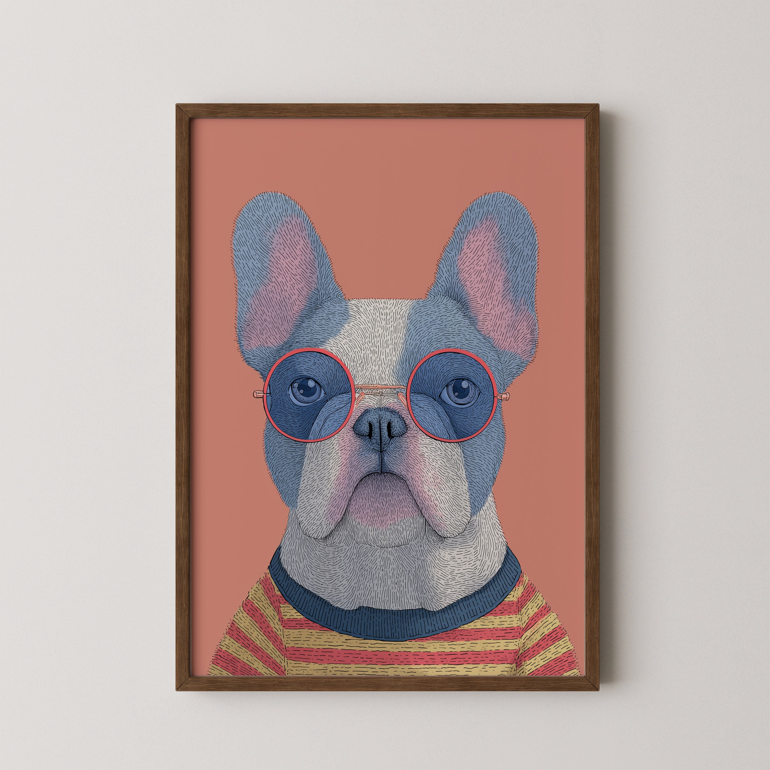 Remy by Danielle Berlot – colorful French Bulldog illustration with round glasses in oak frame