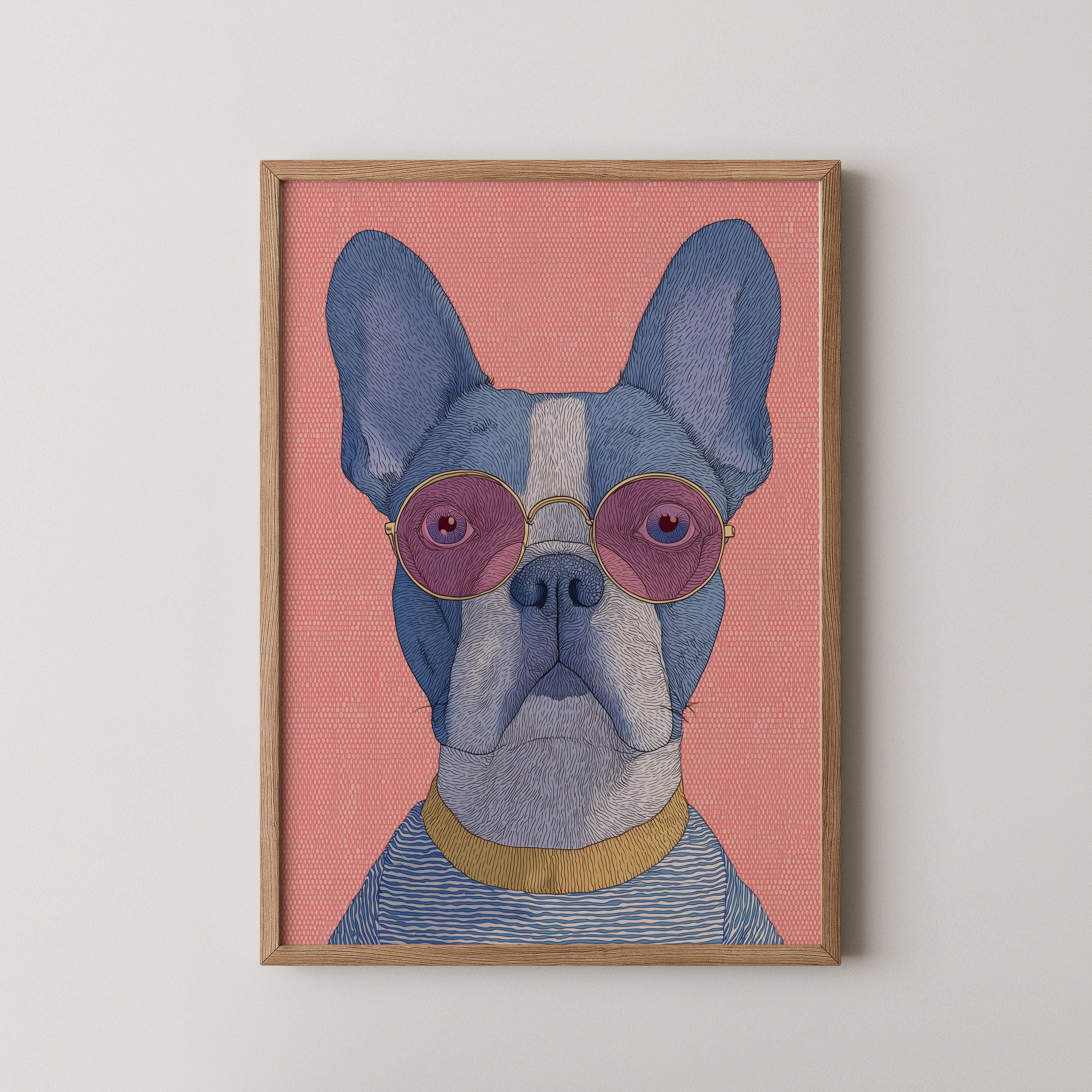 Jules by Danielle Berlot – colorful French Bulldog illustration with pink glasses in oak frame