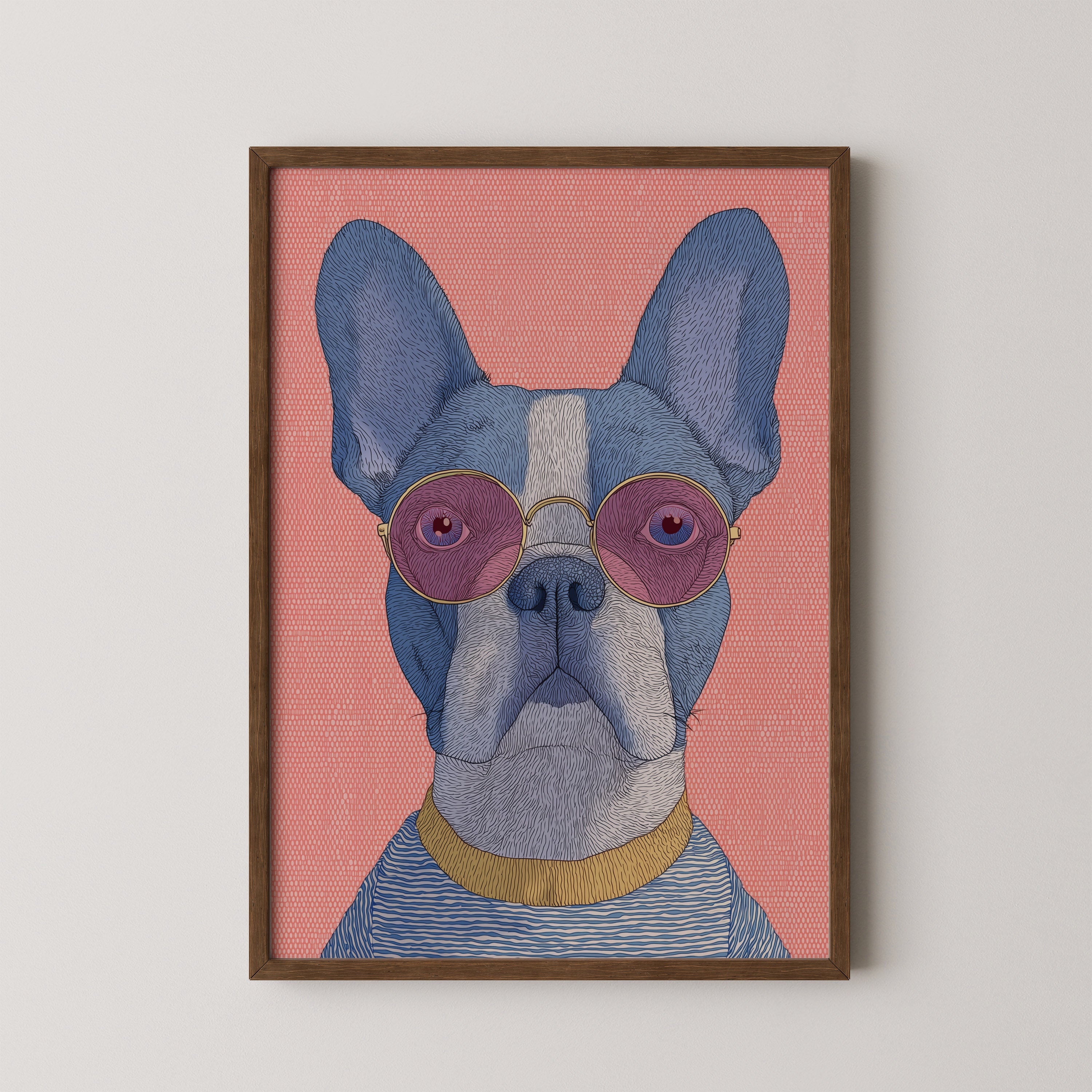 Jules by Danielle Berlot – colorful French Bulldog illustration with pink glasses in oak frame