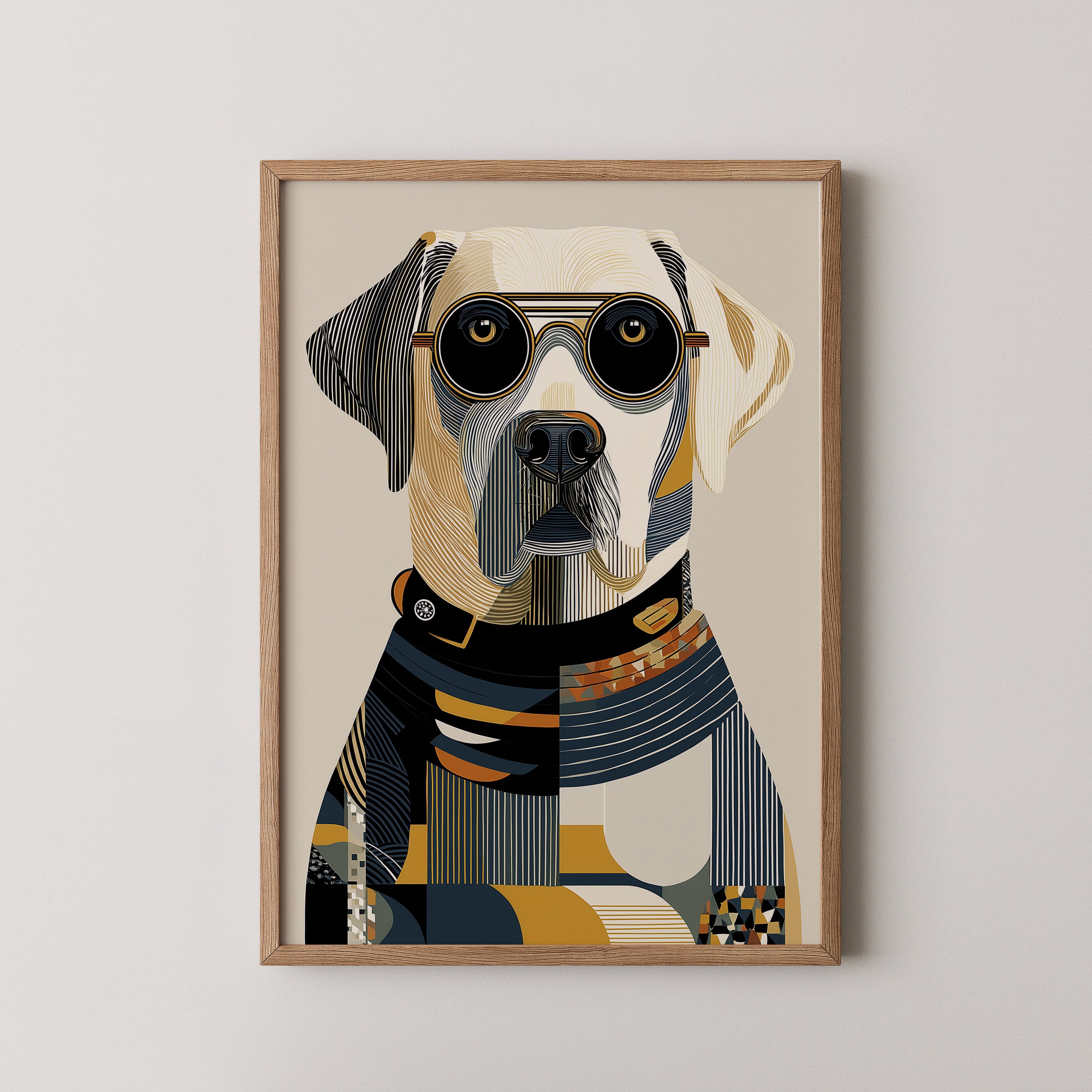 Bobo by Danielle Berlot – elegant geometric Labrador portrait with glasses and scarf in oak frame