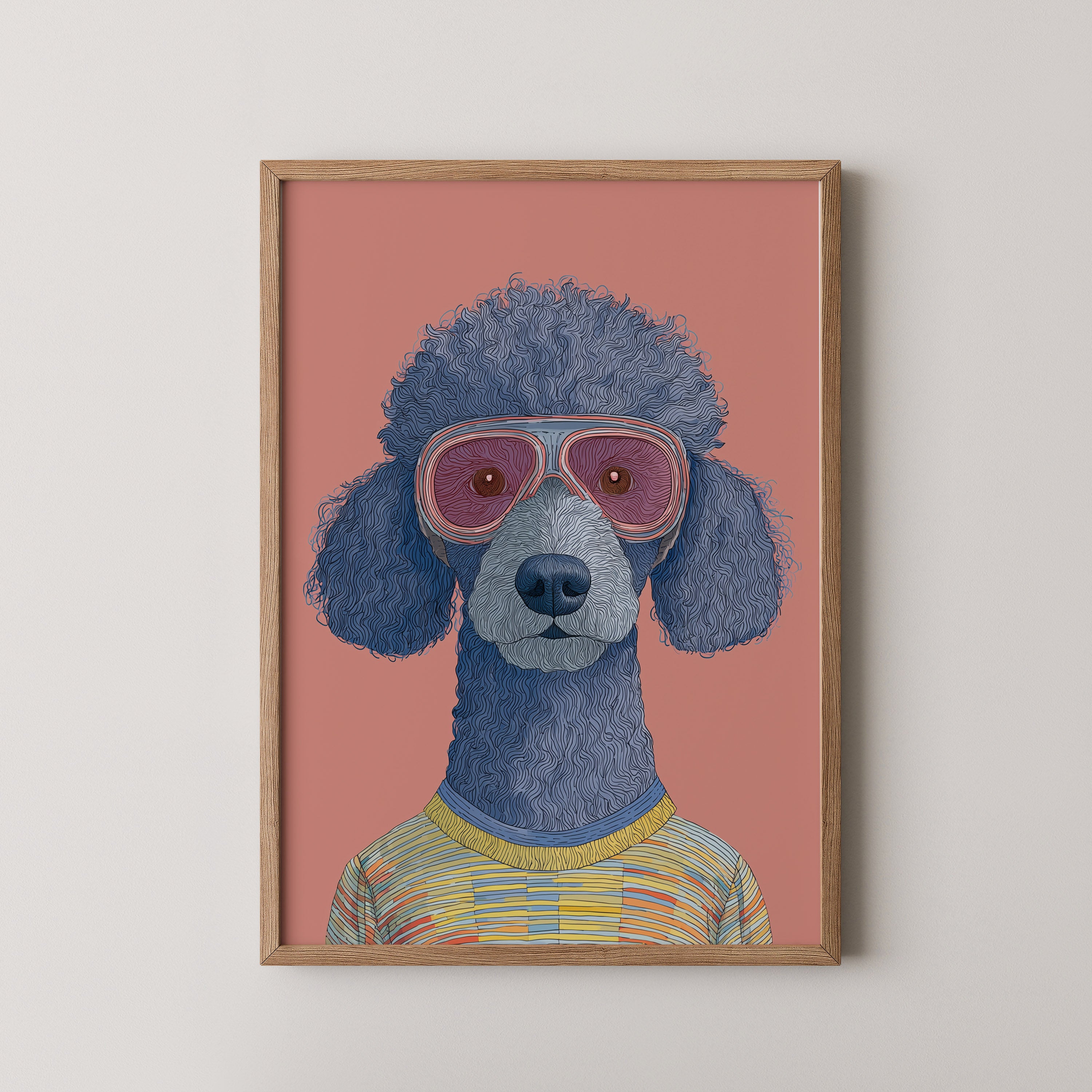 Marty by Danielle Berlot – colorful poodle illustration with pink vintage glasses in oak frame