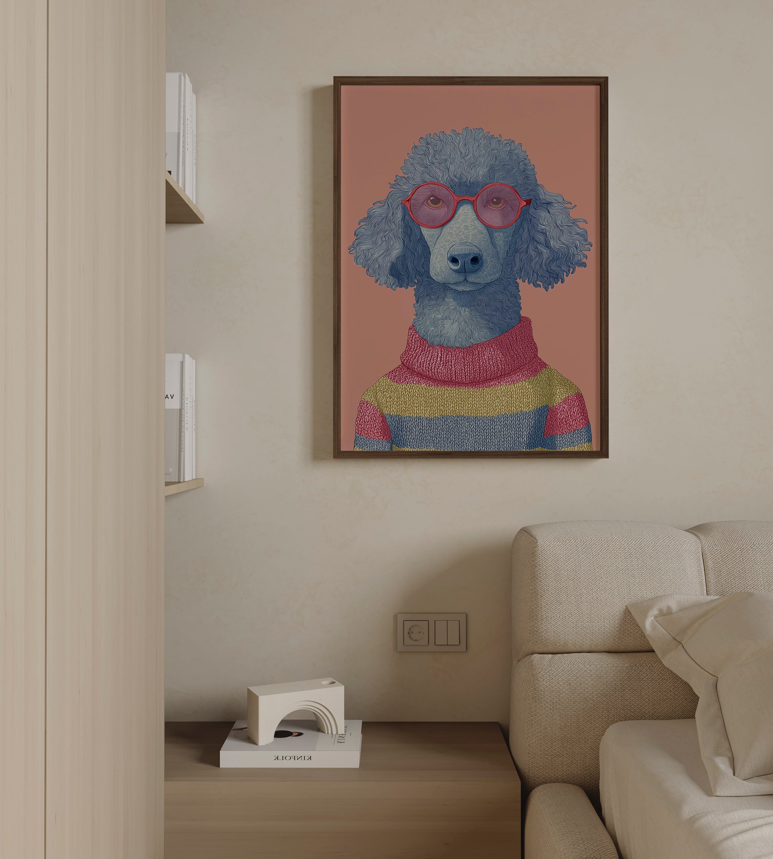 Ollie by Danielle Berlot – colorful poodle illustration with pink glasses and striped sweater in oak frame