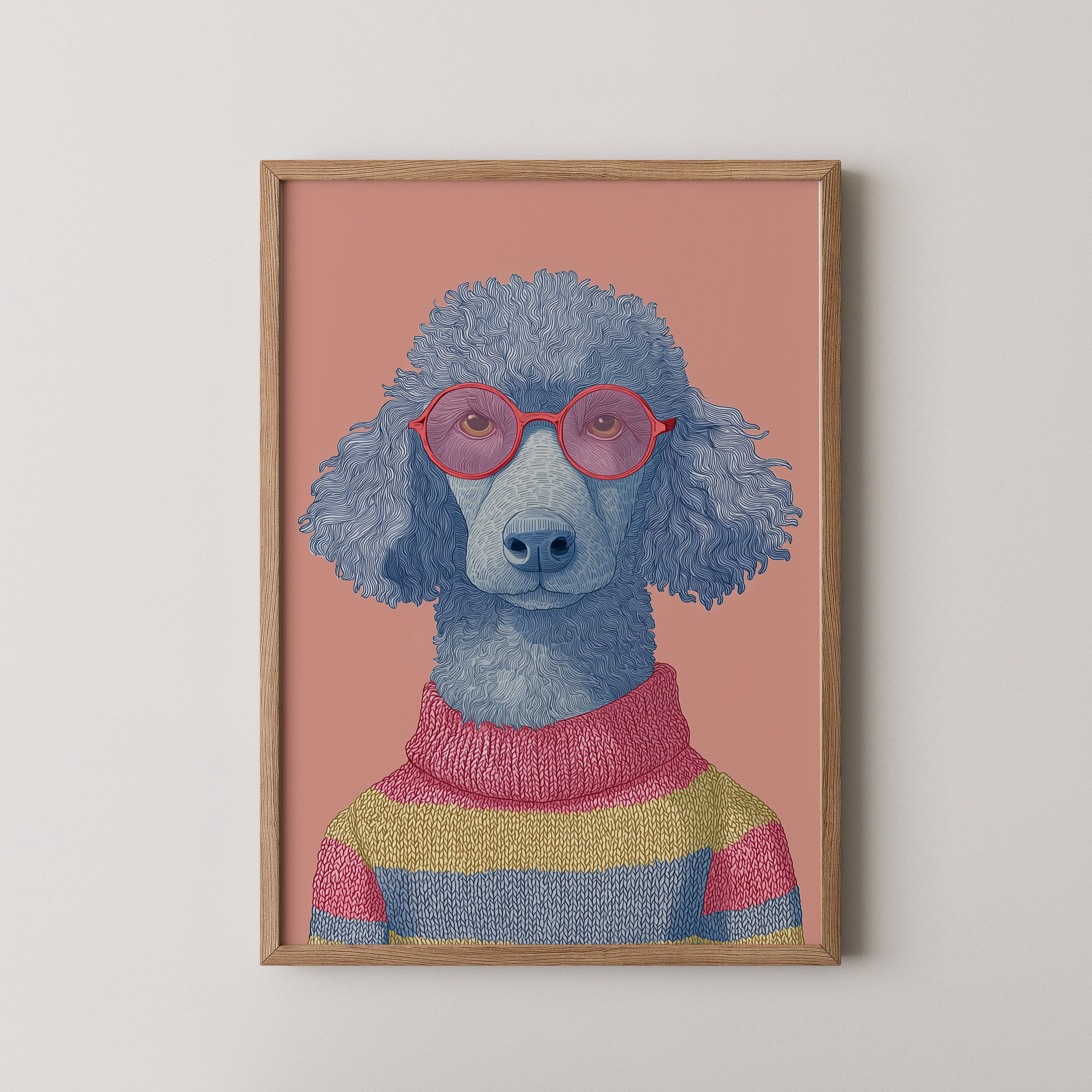 Ollie by Danielle Berlot – colorful poodle illustration with pink glasses and striped sweater in oak frame