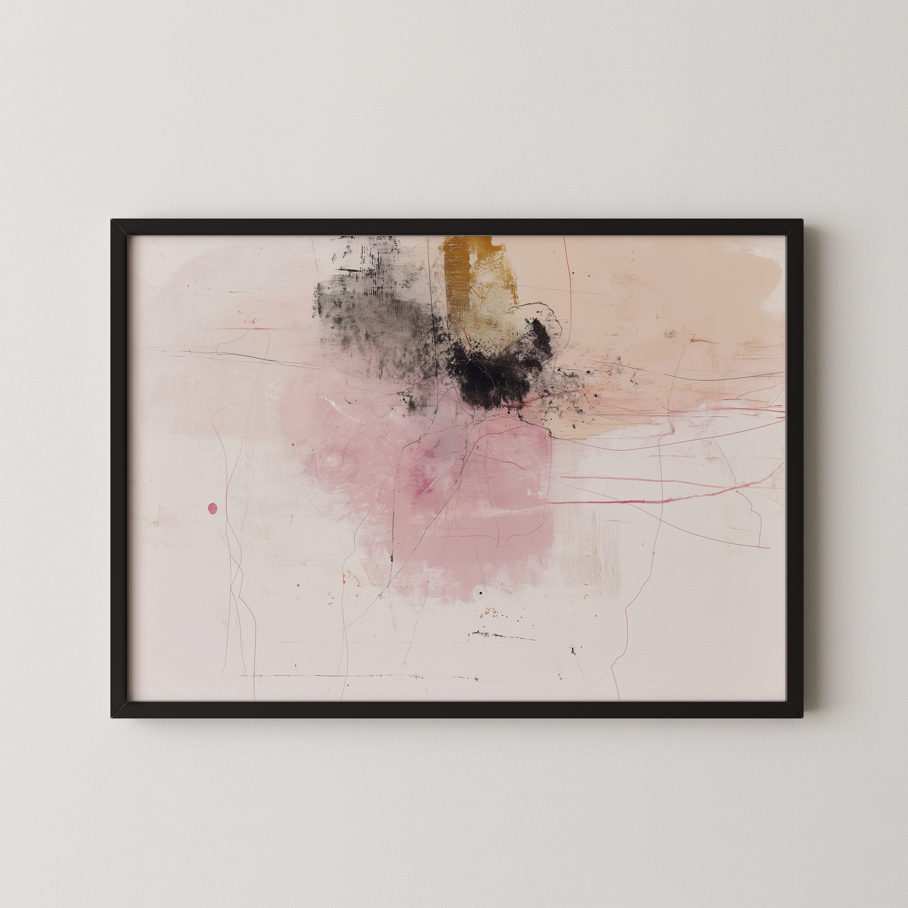 יצירת אמנות מופשטת Avennia בגווני ורוד, ניוד וזהב במסגרת עץ טבעית.