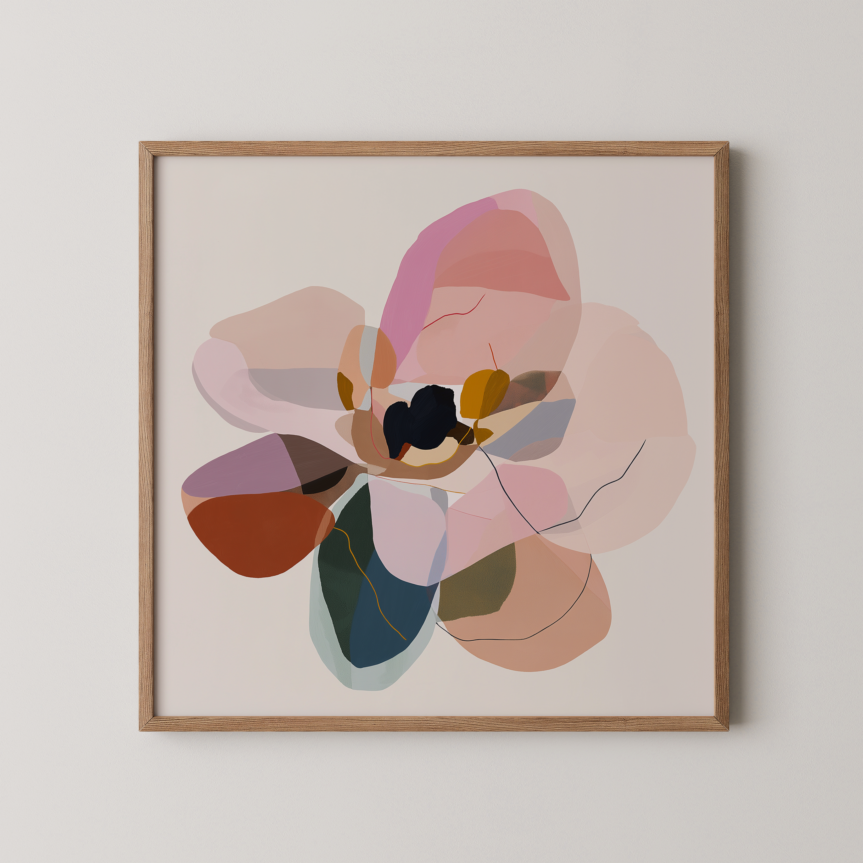 יצירה מופשטת Seren בגוונים רכים עם שכבות צבע וקווים עדינים, תלויה בחלל מודרני ומינימליסטי