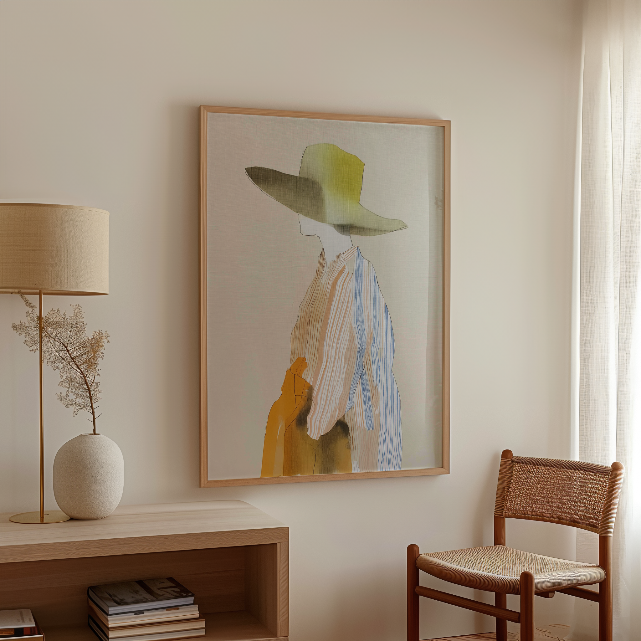 יצירה אמנותית Malin בסגנון מודרני רך, דמות נשית מופשטת בצבעים טבעיים וחמים