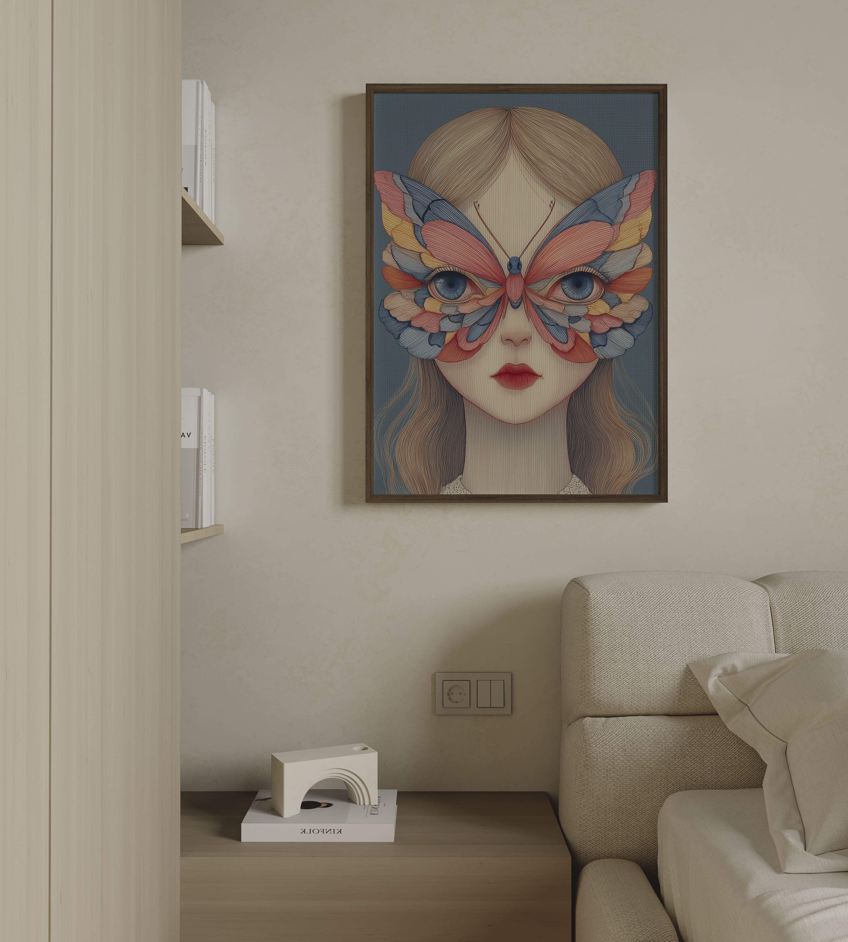 יצירת קיר Velinor עם דמות נשית ופרפר צבעוני על הפנים, בסגנון מודרני מאוזן