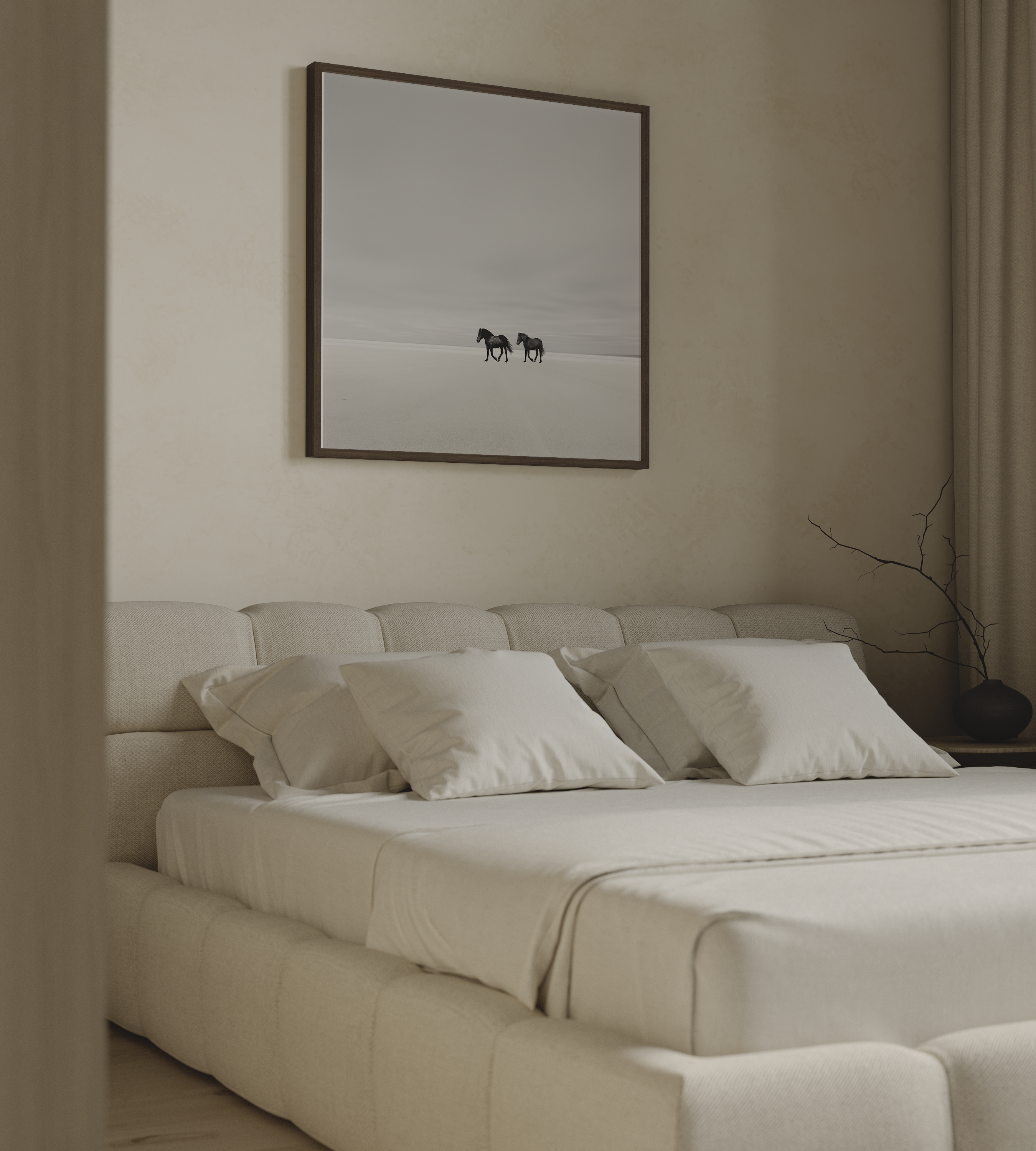 איור דיגיטלי מינימליסטי של שני סוסים הפוסעים יחד במרחב פתוח בגווני אפור רכים