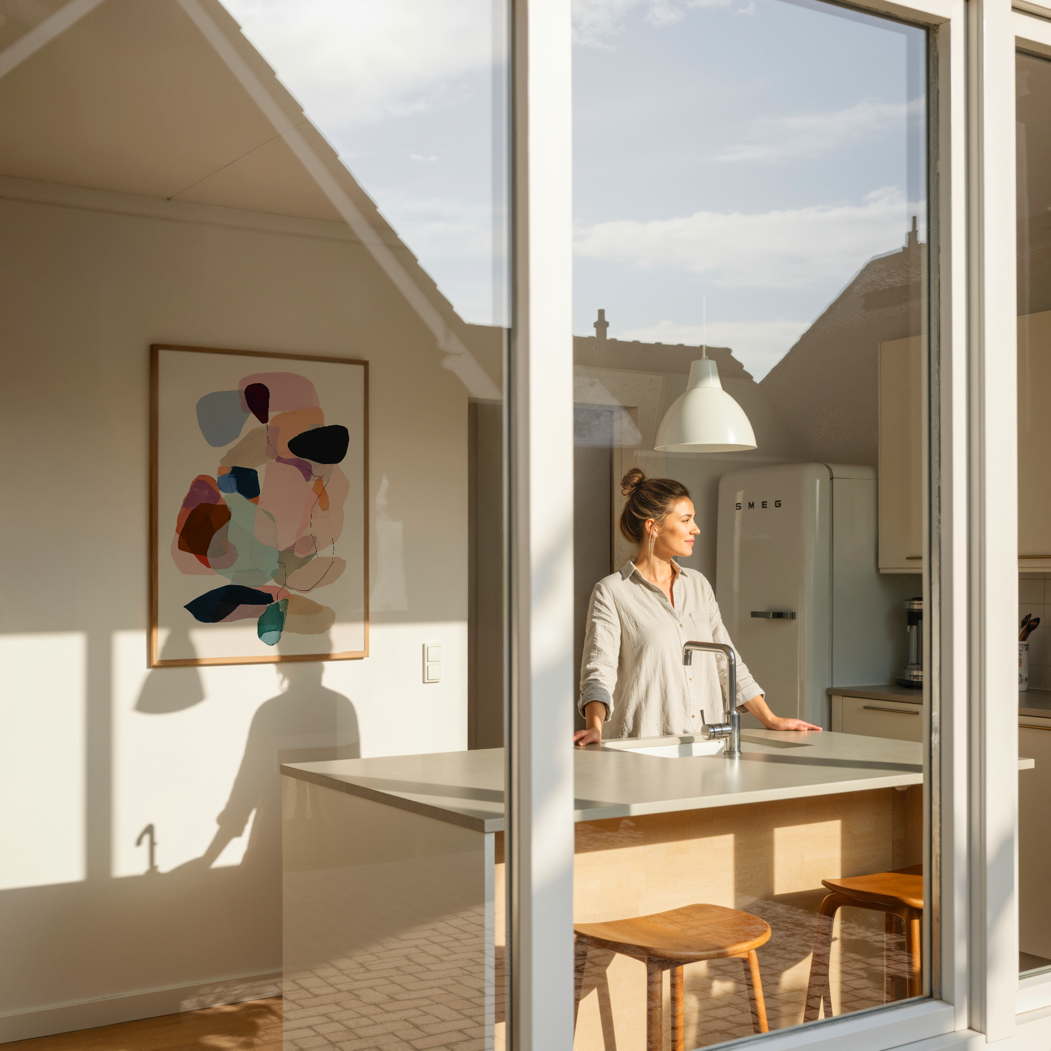 יצירה מופשטת בצבעים ורודים, סגולים וטורקיז במסגרת עץ טבעי, תלויה על קיר בהיר בחלל מעוצב.