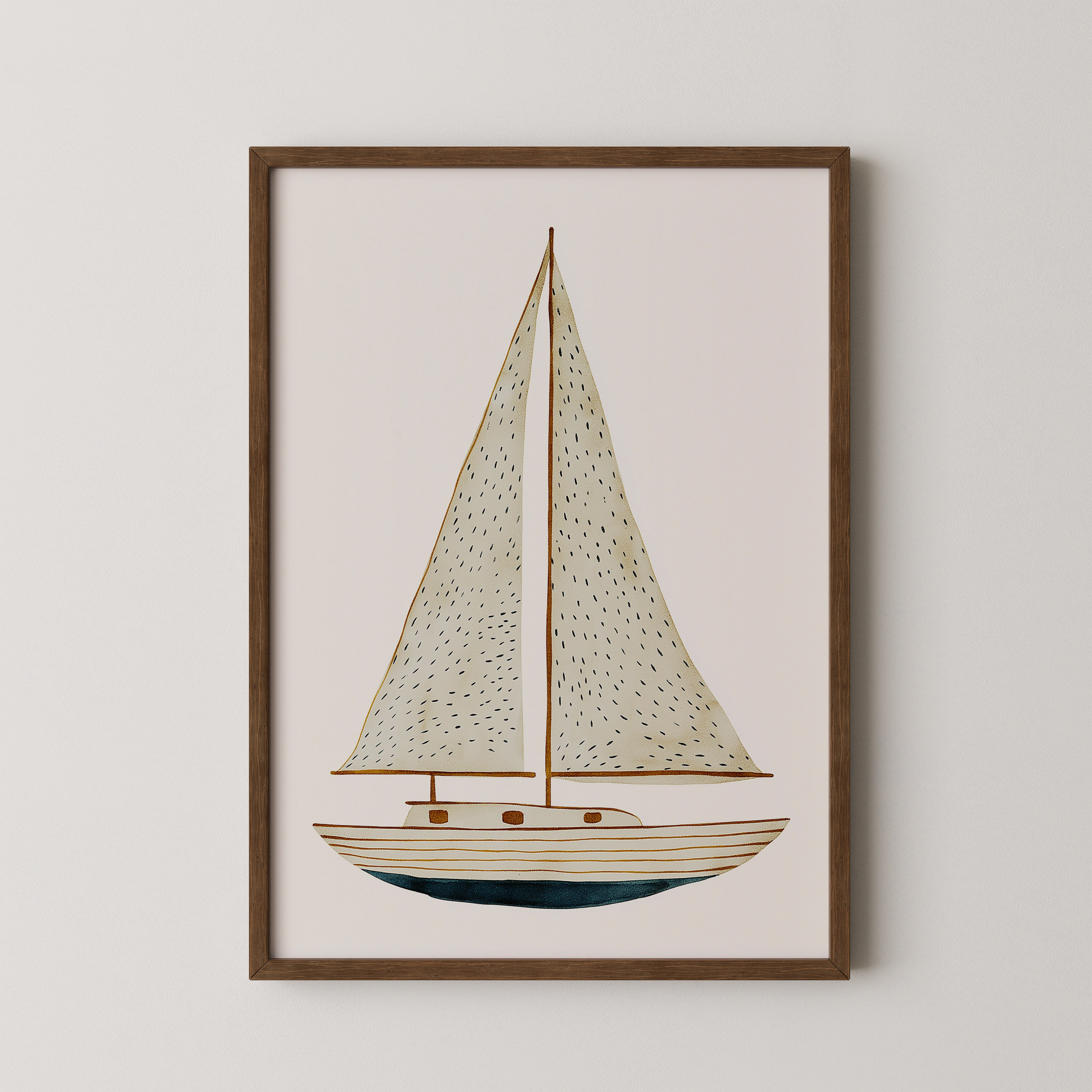 איור מינימליסטי של סירת מפרש בגווני שמנת וכחול בסגנון נורדי על רקע בהיר