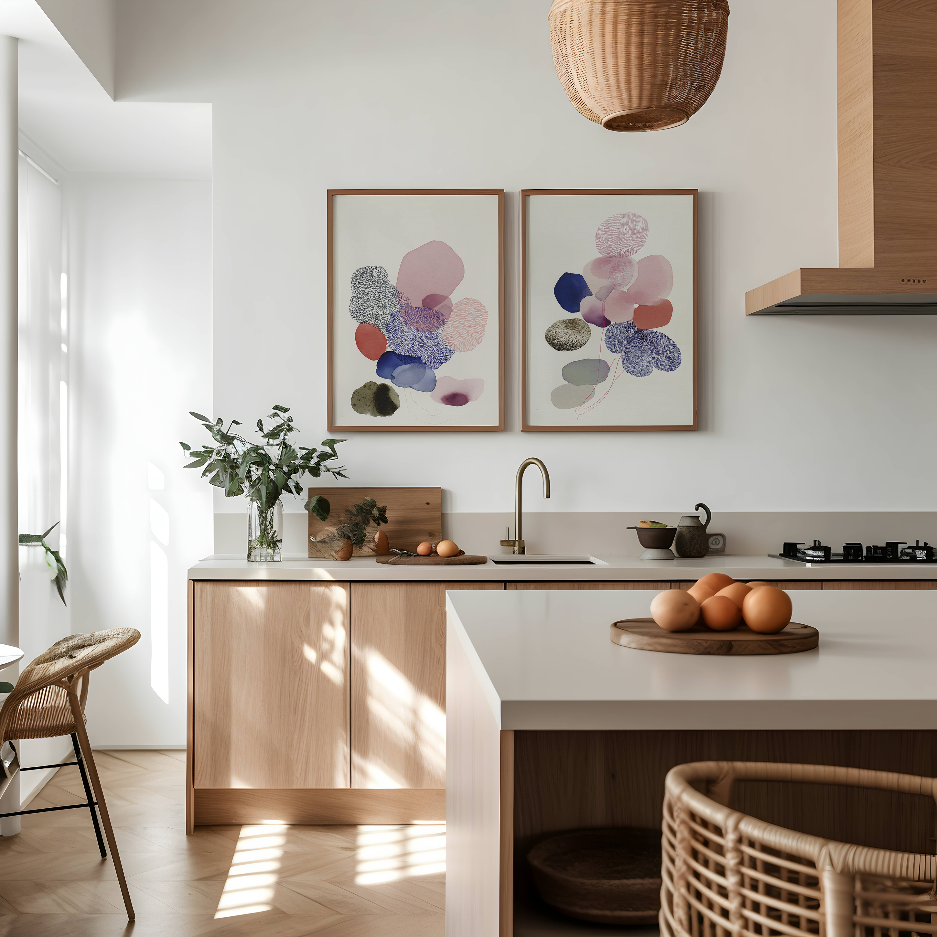 סט אומנות מופשטת Strata – צורות אורגניות בשכבות רכות בגווני ורוד, כחול וניוד, ממוסגר בסגנון מודרני