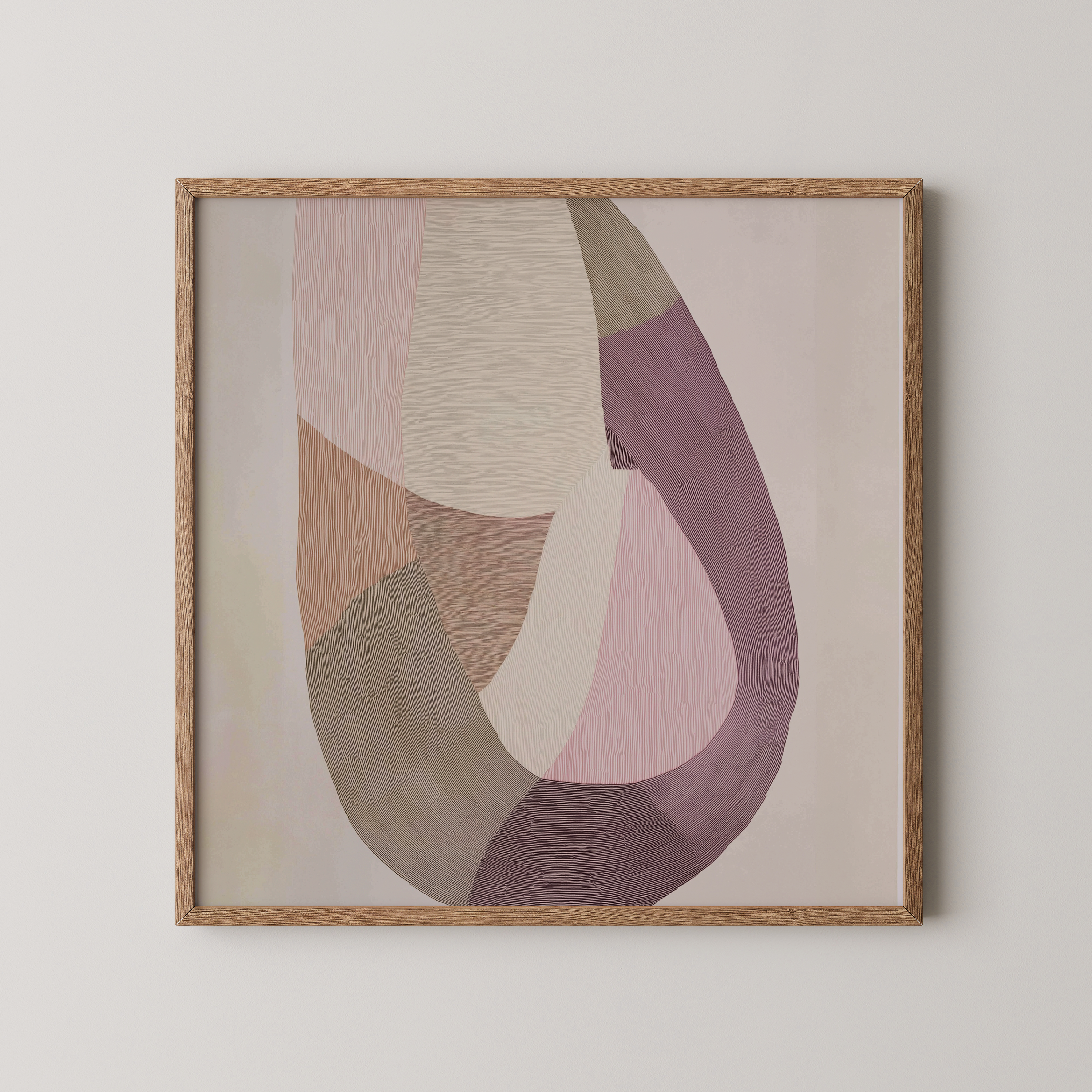 Petal Flow יצירת אמנות מינימליסטית בגווני ורוד וחול עם צורה מעגלית זורמת במסגרת עץ בהירה