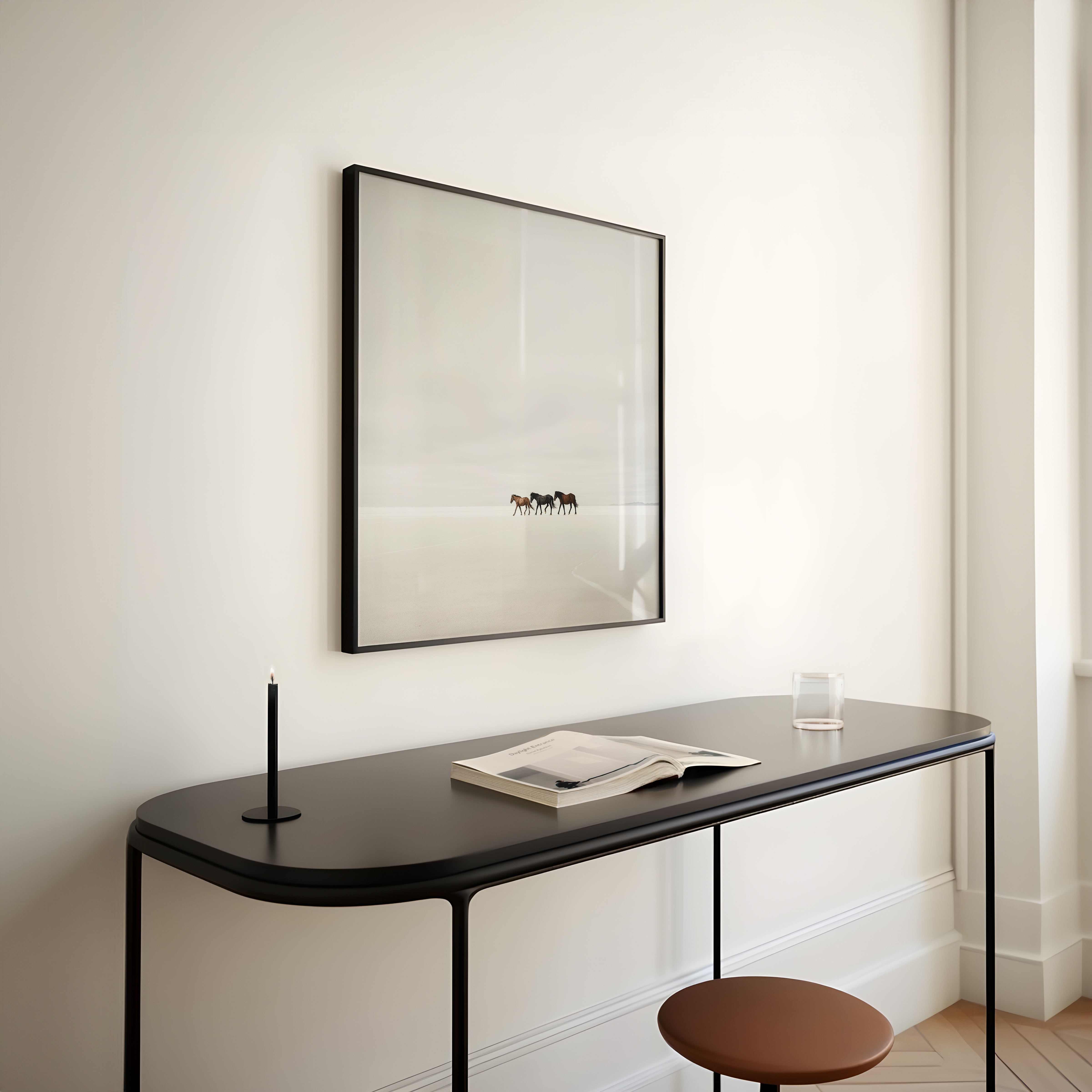 איור דיגיטלי מינימליסטי של שלושה סוסים הפוסעים יחד במרחב פתוח בגווני אפור רכים