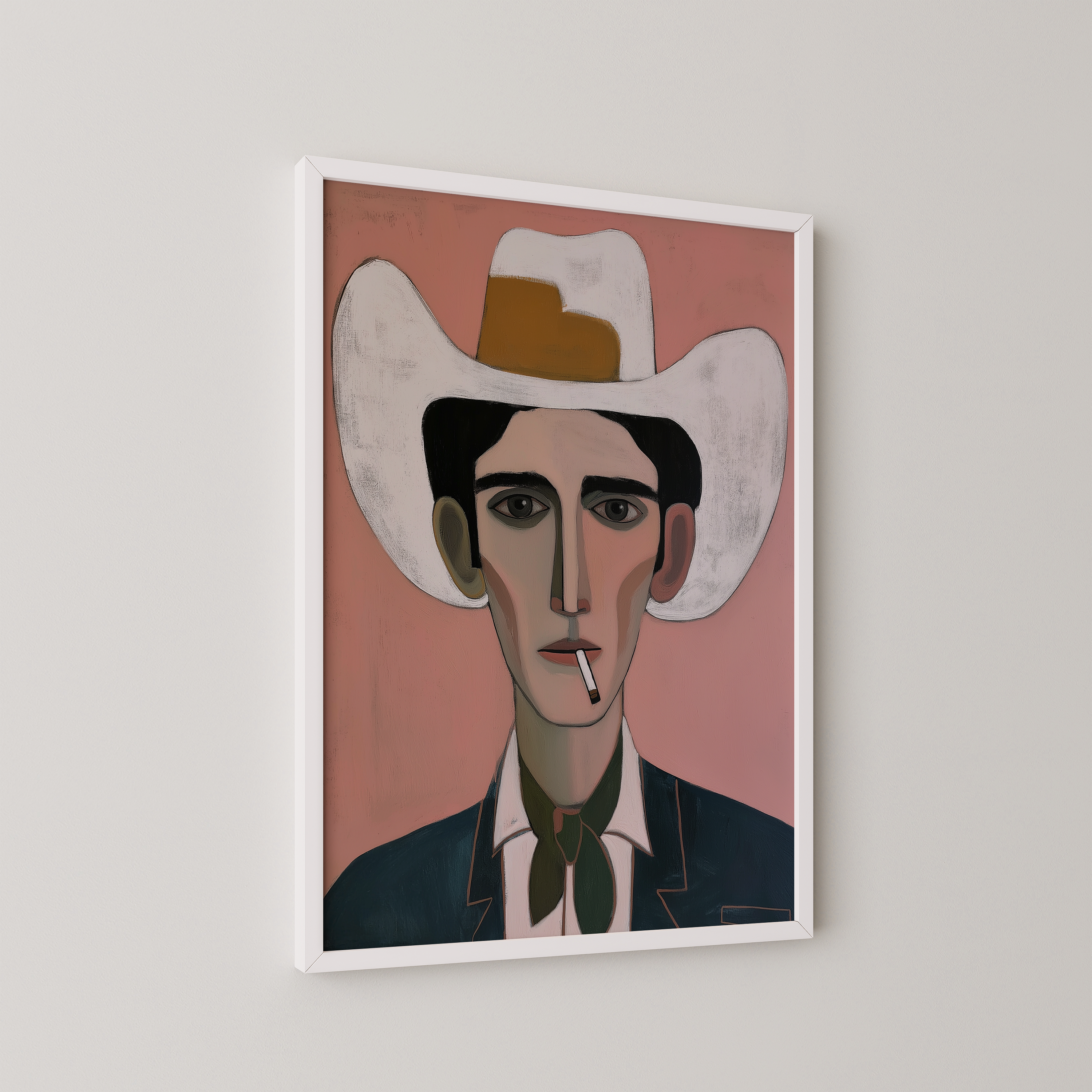 יצירה אמנותית עם דמות גברית מאוירת, כובע רחב, צבעי ורוד וירוק, סגנון מודרני מינימליסטי