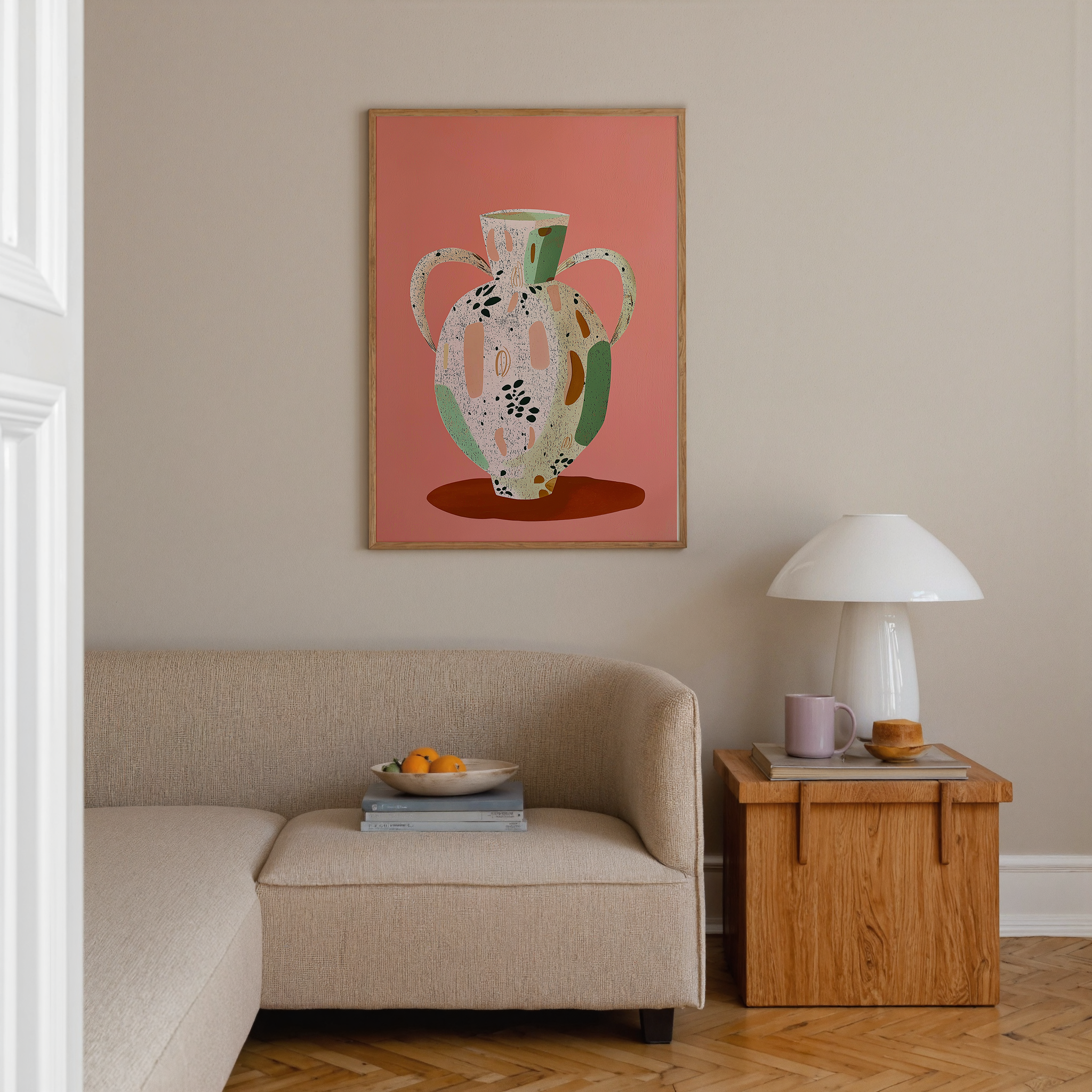 יצירת אמנות מודרנית בהשראת כלי קרמיקה עם צבעוניות חמה