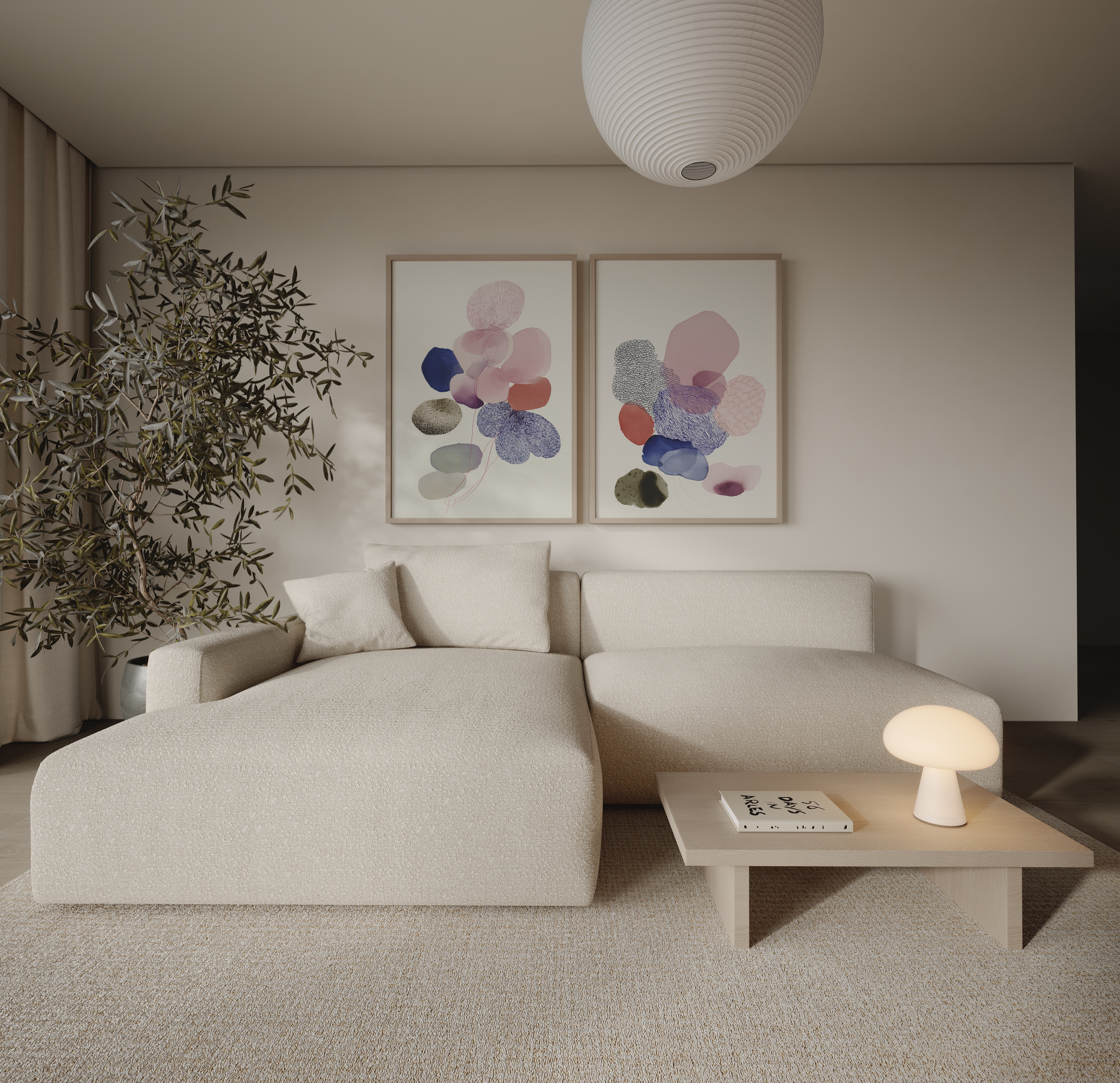 סט אומנות מופשטת Strata – צורות אורגניות בשכבות רכות בגווני ורוד, כחול וניוד, ממוסגר בסגנון מודרני