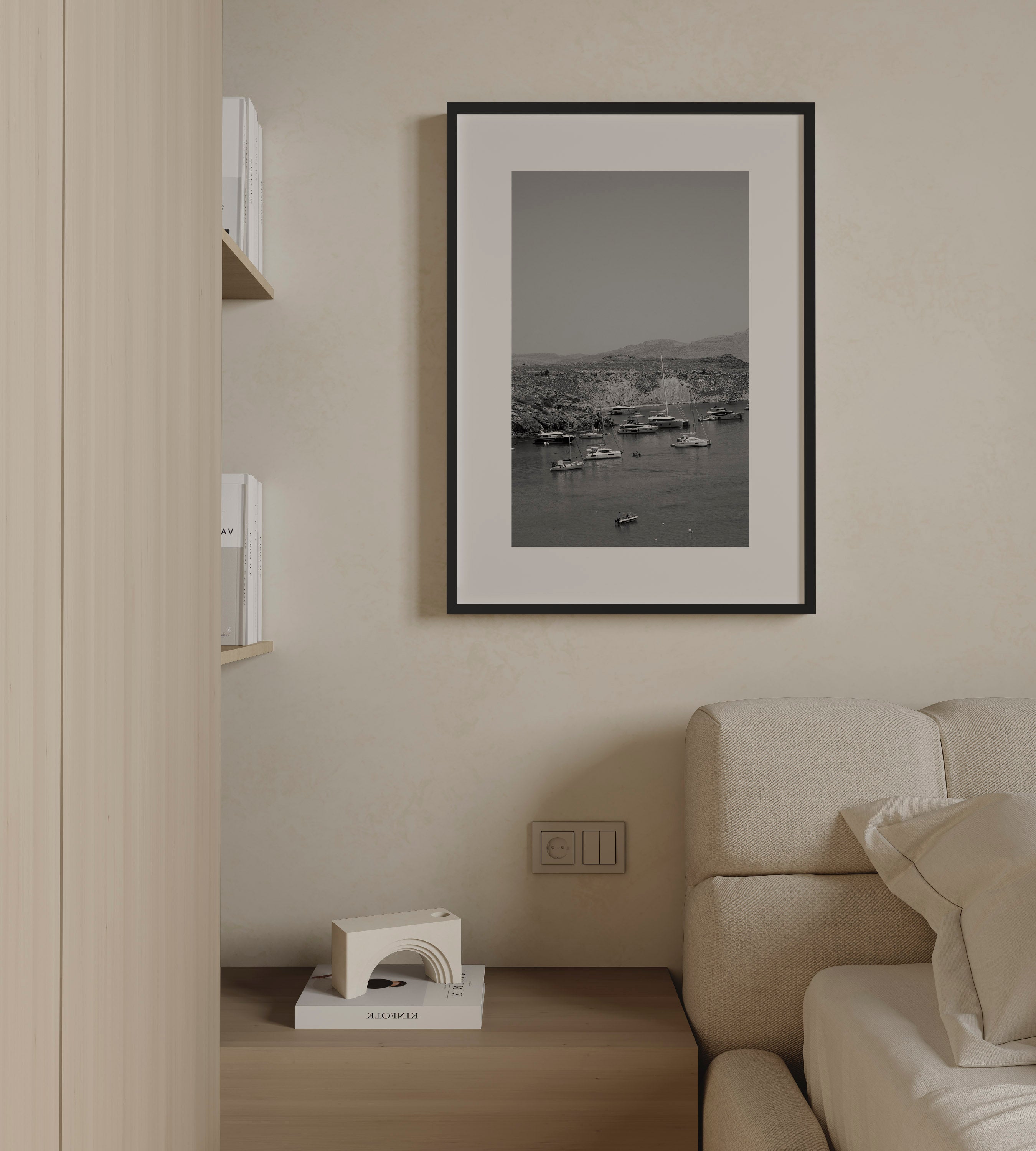 Quiet Harbor by Daniel Barlot – black and white Fine Art photograph of sailboats anchored in a peaceful Mediterranean harbor in Greece, framed in natural oak.