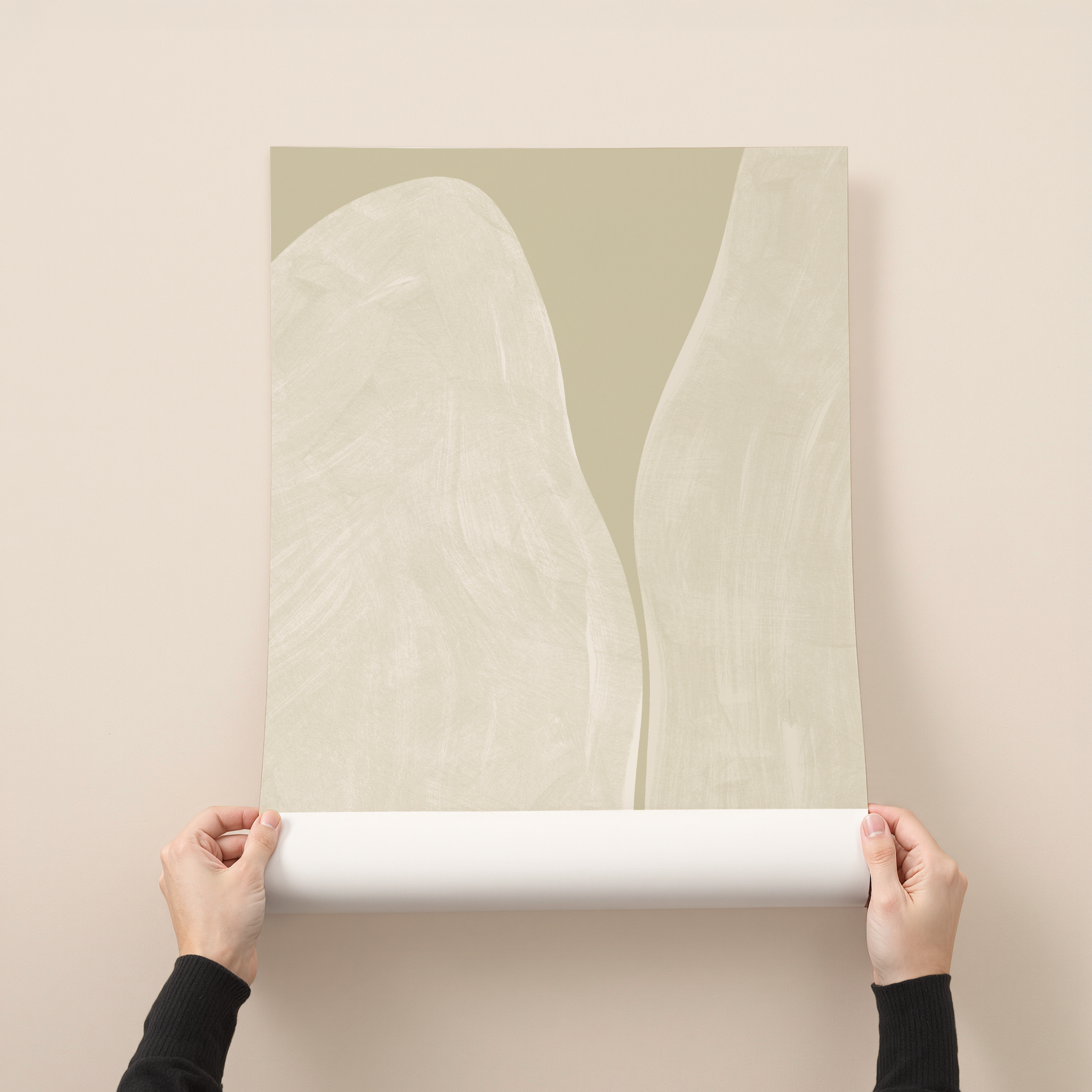 הדפס אמנותי מופשט בגוונים ניטרליים עם צורות אורגניות רכות