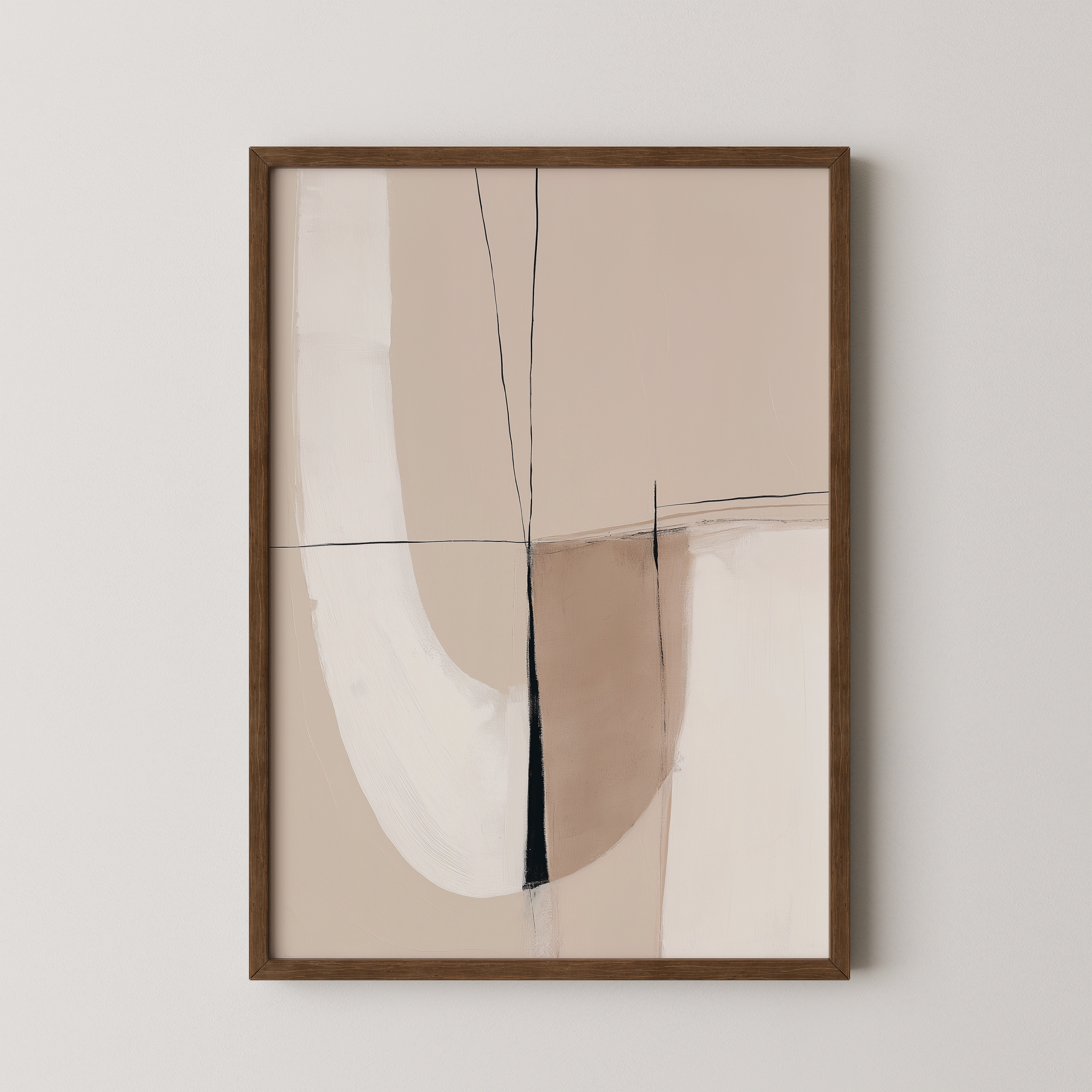Velot יצירה מופשטת מינימליסטית בגווני חול ובז’ עם קווים שחורים במסגרת עץ טבעית